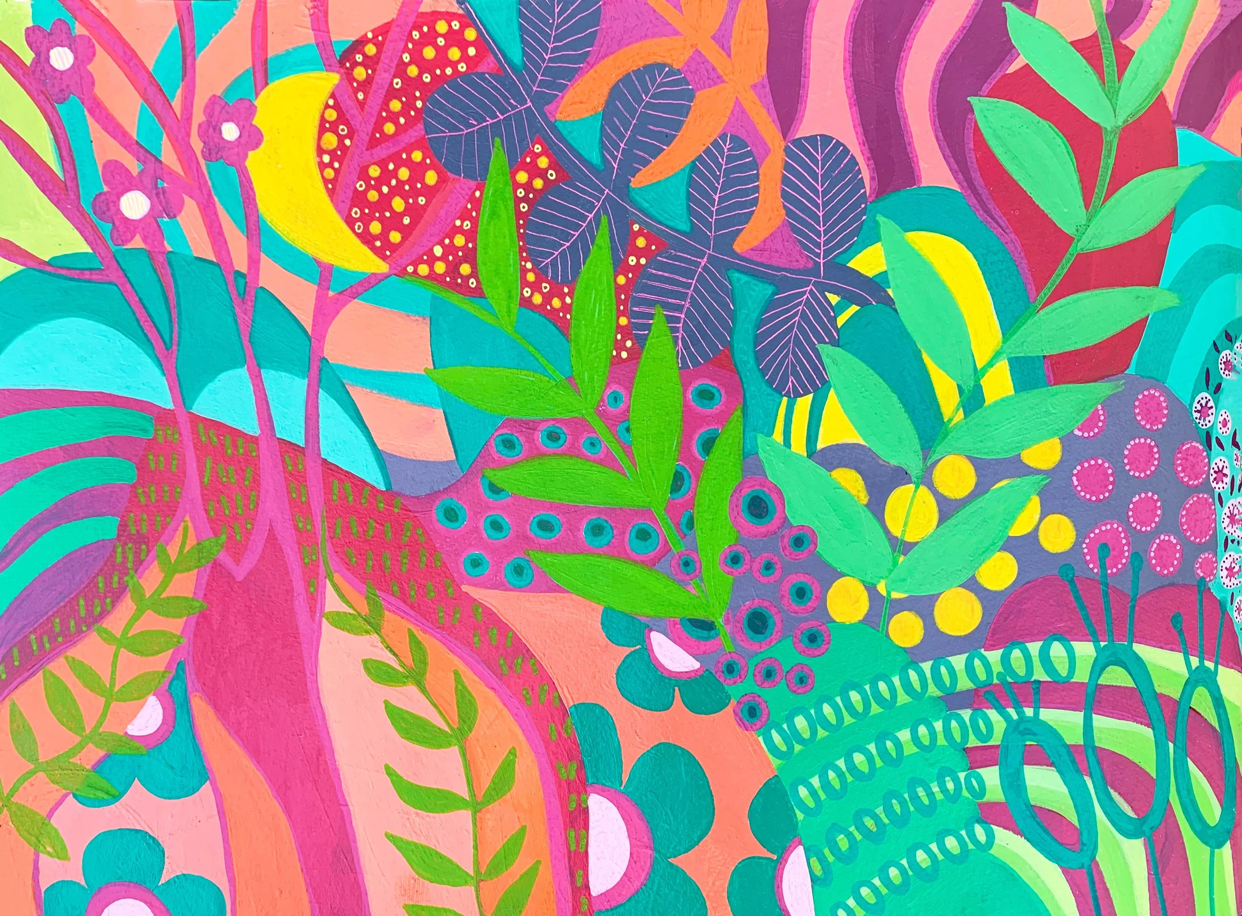 Colorful abstract painting featuring green leaves, pink branches, and various patterned circles and shapes in vibrant colors including purple, yellow, blue, and orange.
