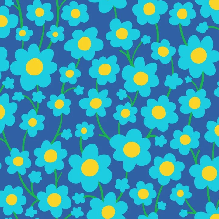 Pattern of blue flowers with yellow centers and green stems on a dark blue background.