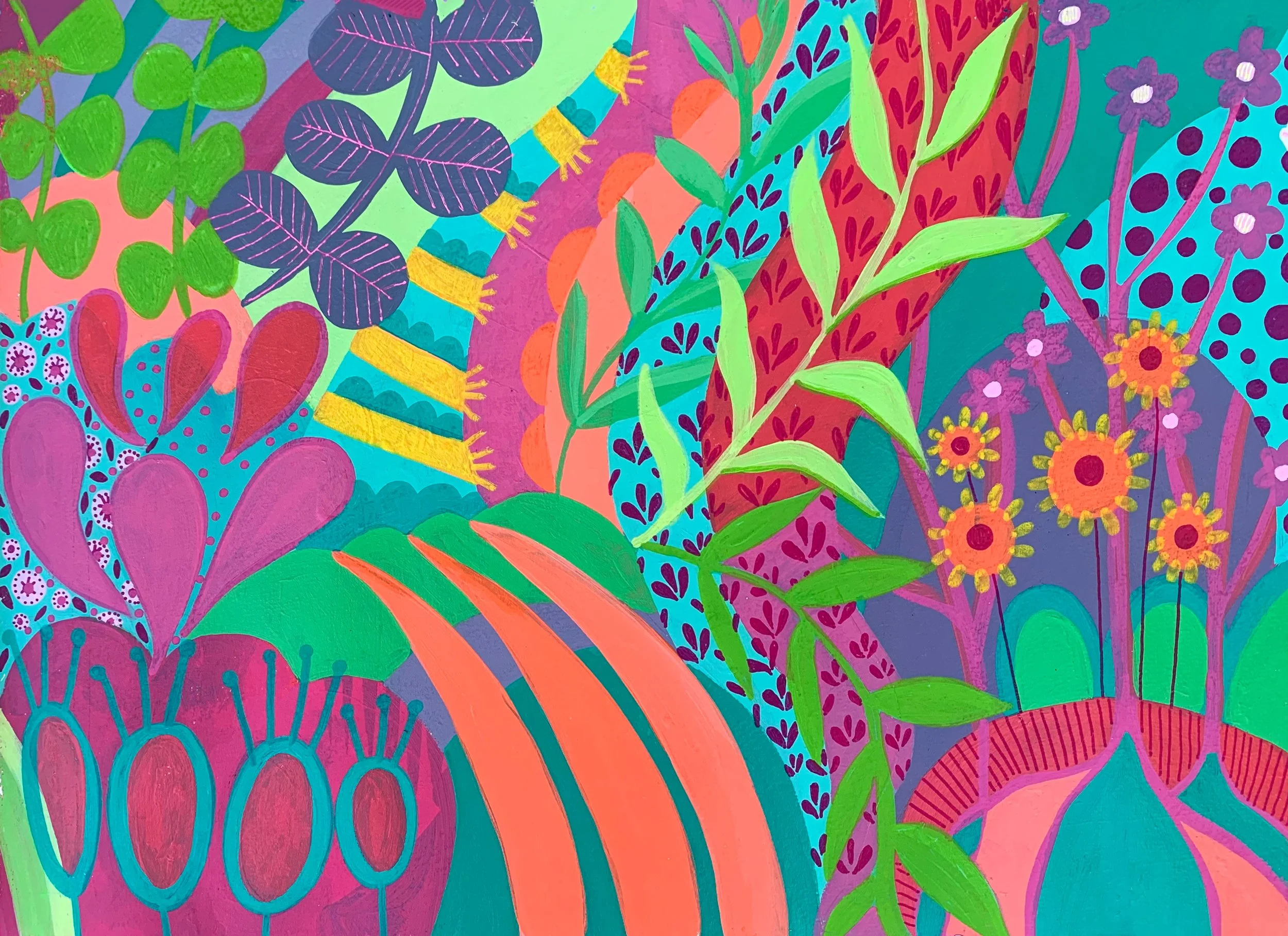 Colorful abstract painting of various plants and flowers with vibrant shades of green, purple, pink, red, orange, yellow, and blue.