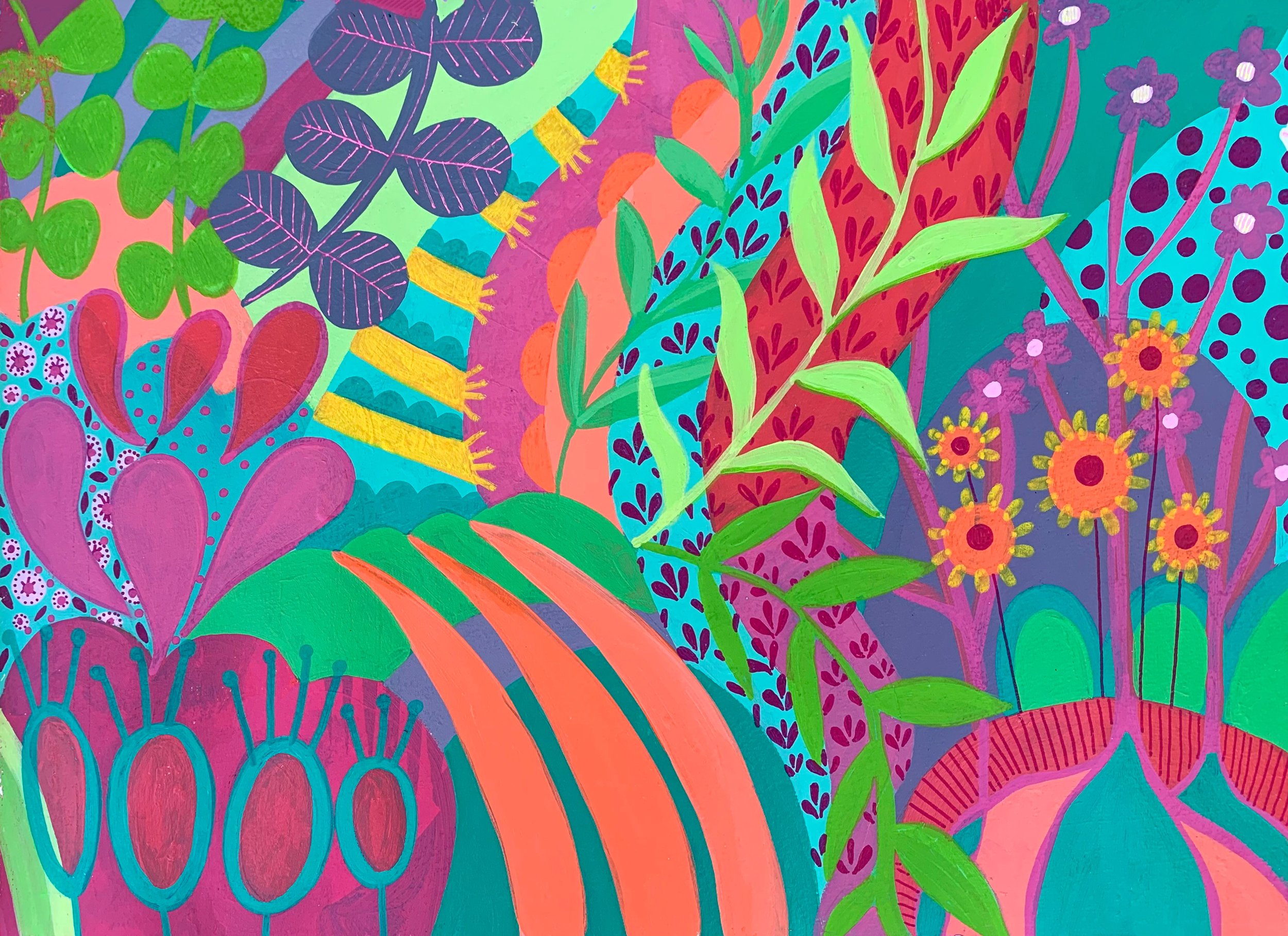 Colorful abstract painting featuring various stylized plant and flower shapes with bold outlines and vibrant colors, including green, purple, pink, orange, and blue.