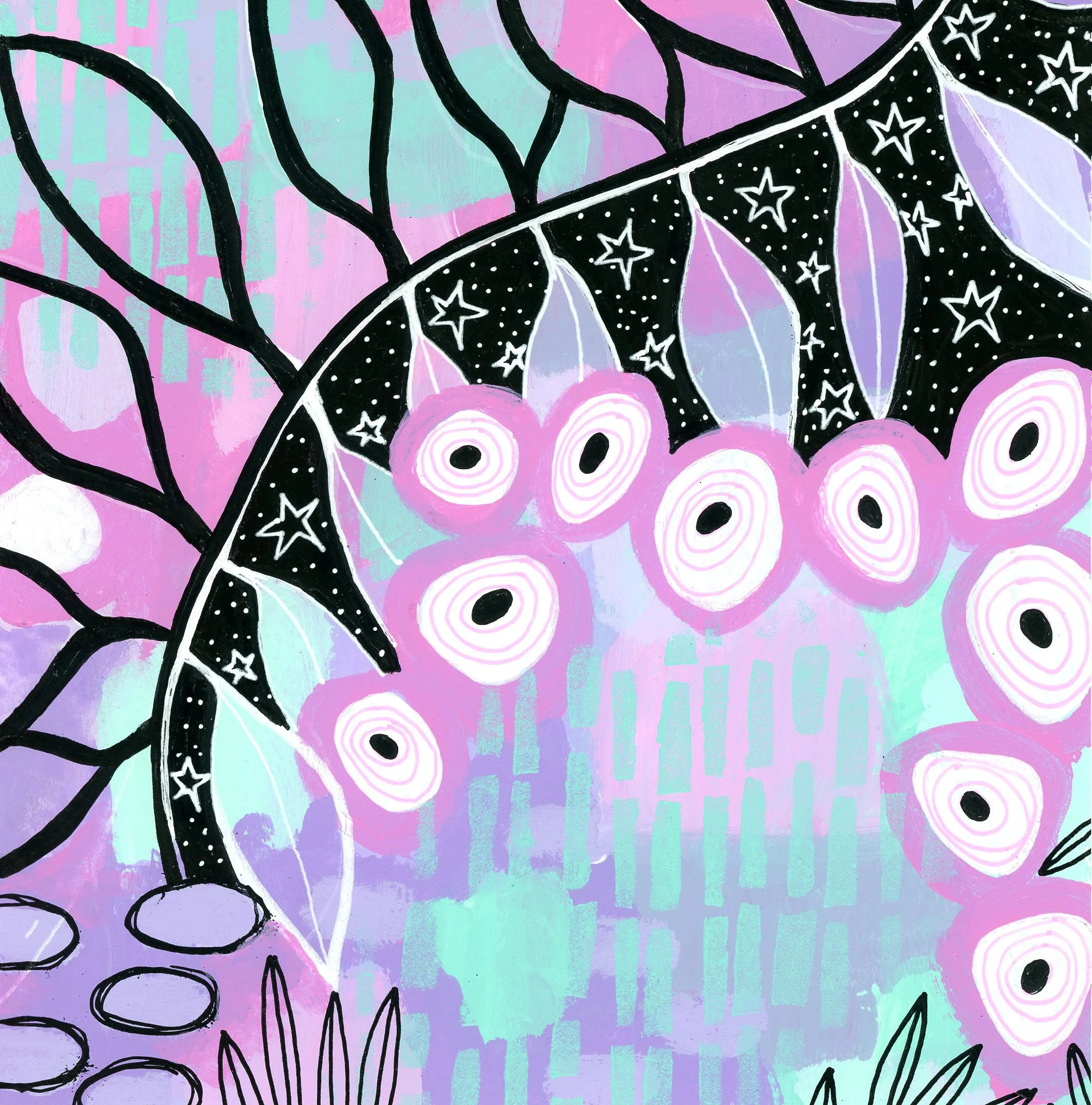 Artwork featuring black outlined leaves and pink circular flowers with white and black centers, set against a pastel background with light green, purple, and pink hues, and star patterns.