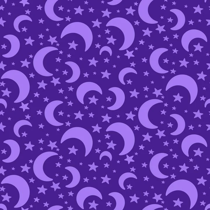 Moon and star pattern featuring crescent moons and scattered stars on a purple background, inspired by calm nighttime themes and playful imagination.