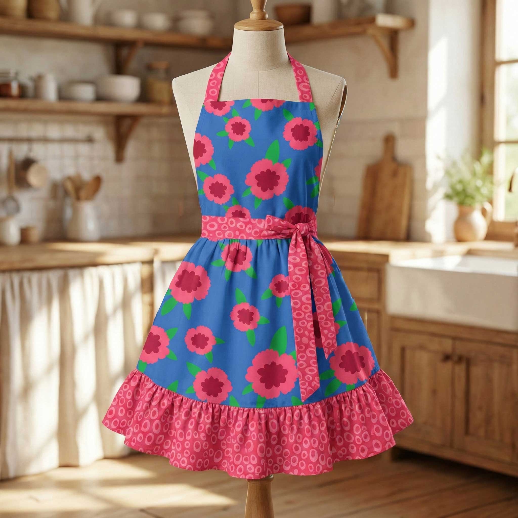 retro style rufled apron in bright and bold blue and magenta floral pattern with small hand drawn geometric pattern in pink as ruffle and straps as well as ties