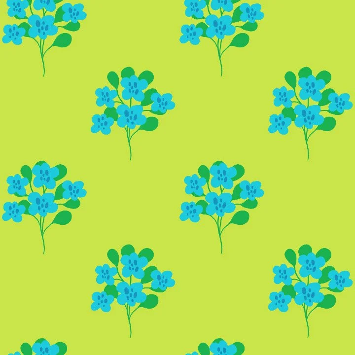 Repeating pattern of blue flowers with green leaves on a light green background.