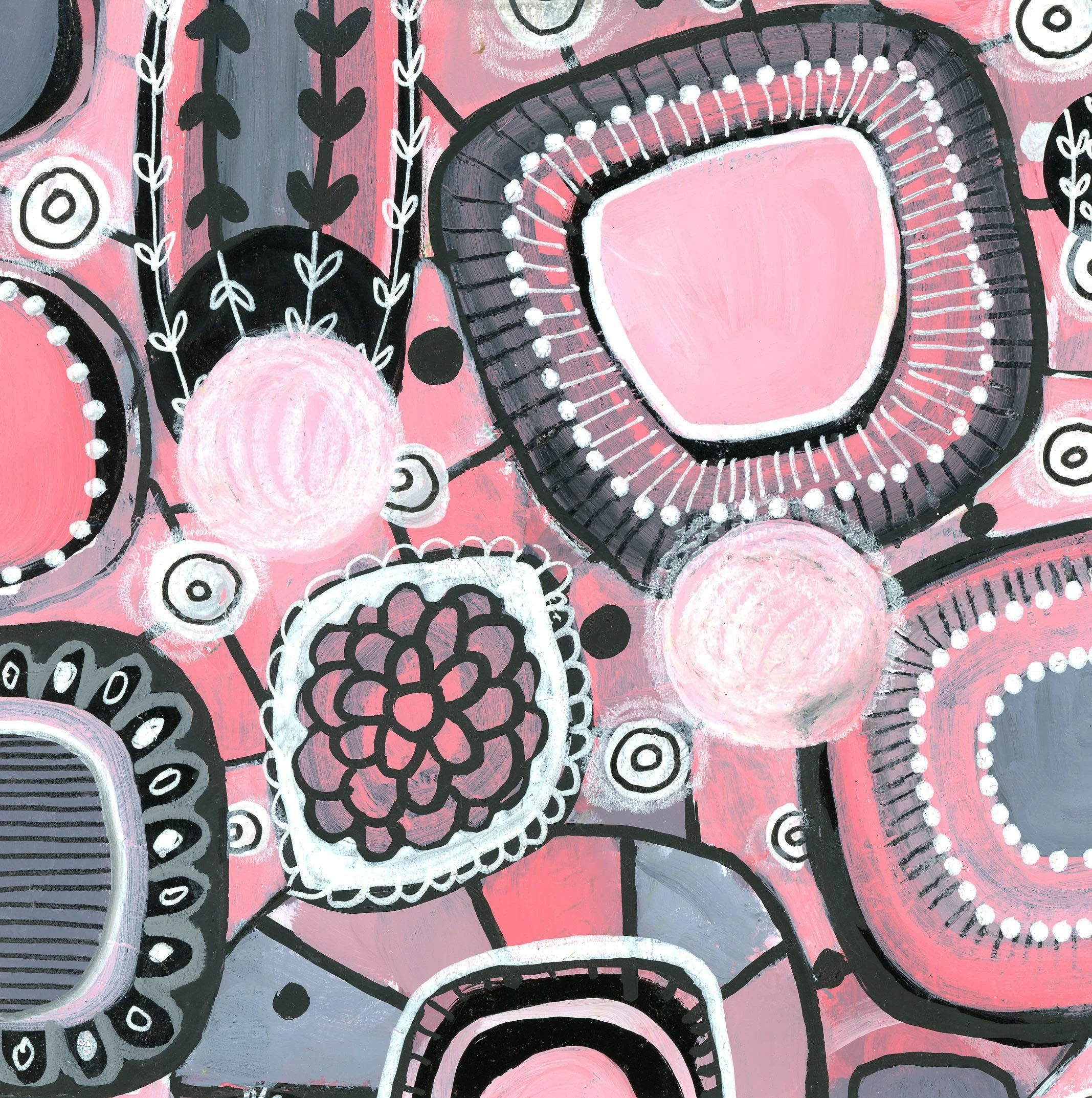 Abstract painting with black, white, pink, and gray geometric shapes and patterns, including circles, squares, and lines.