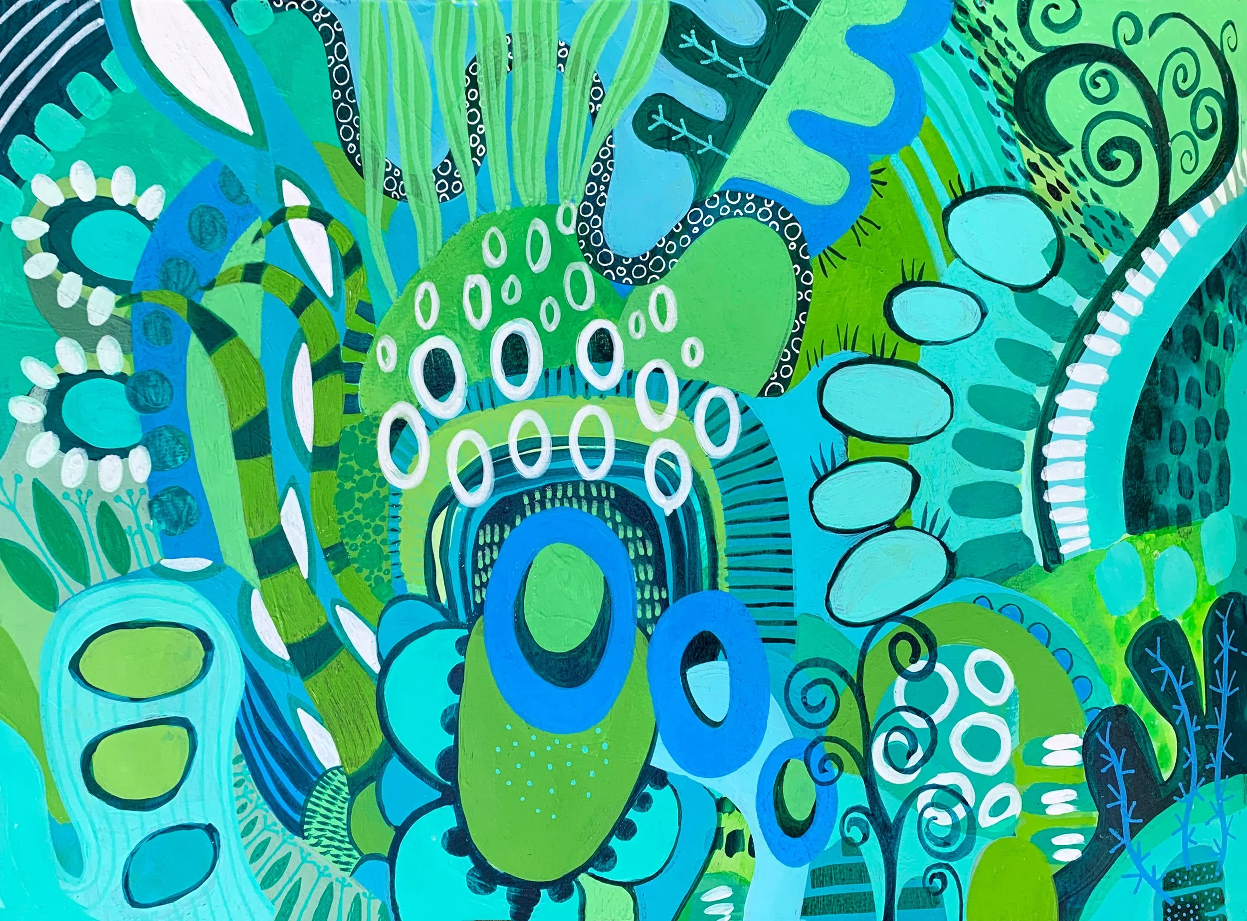 An abstract painting with various organic shapes and patterns in shades of blue, green, and black.