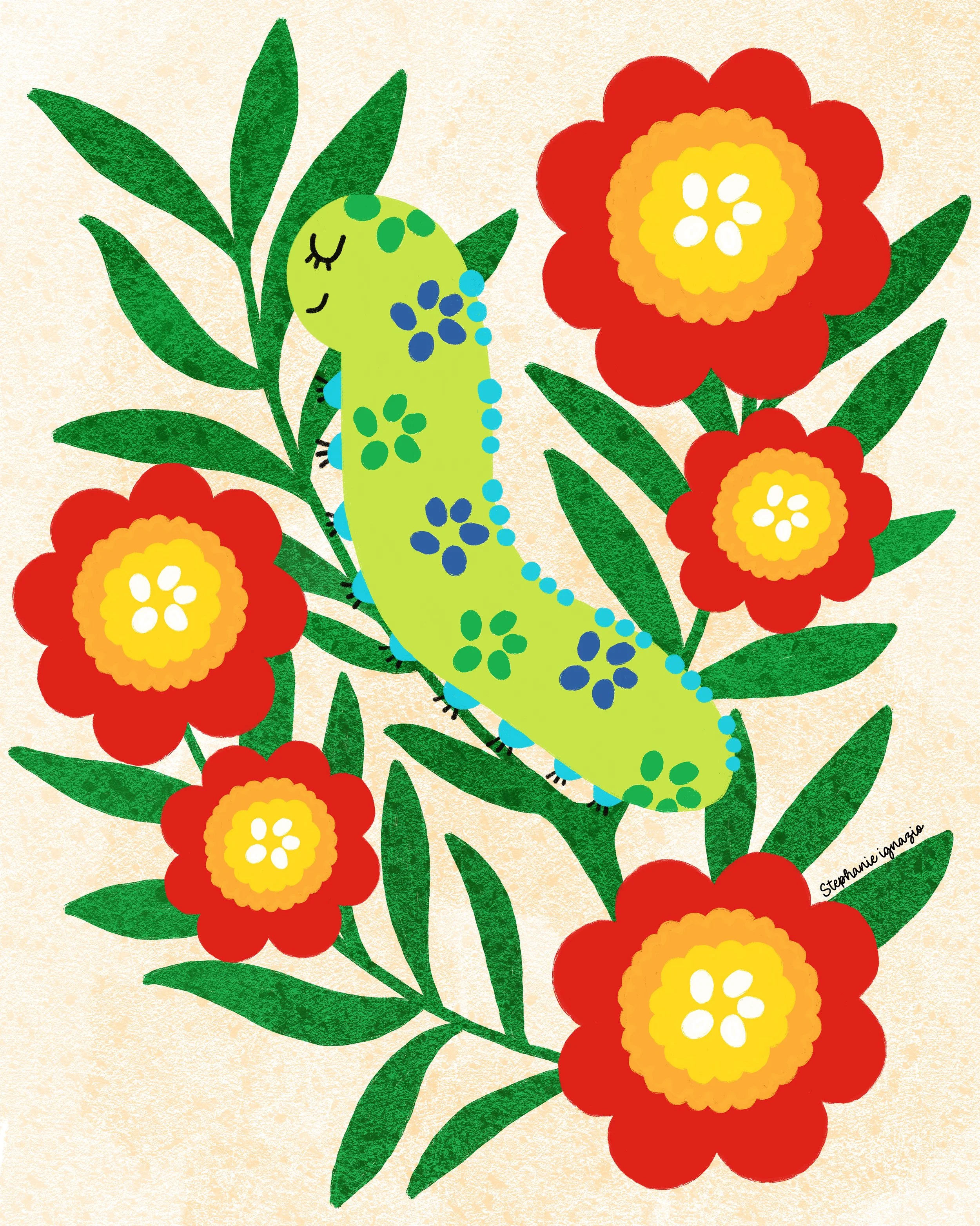 A colorful illustration of a green caterpillar with blue and dark green spots on a plant with large red and yellow flowers and green leaves.