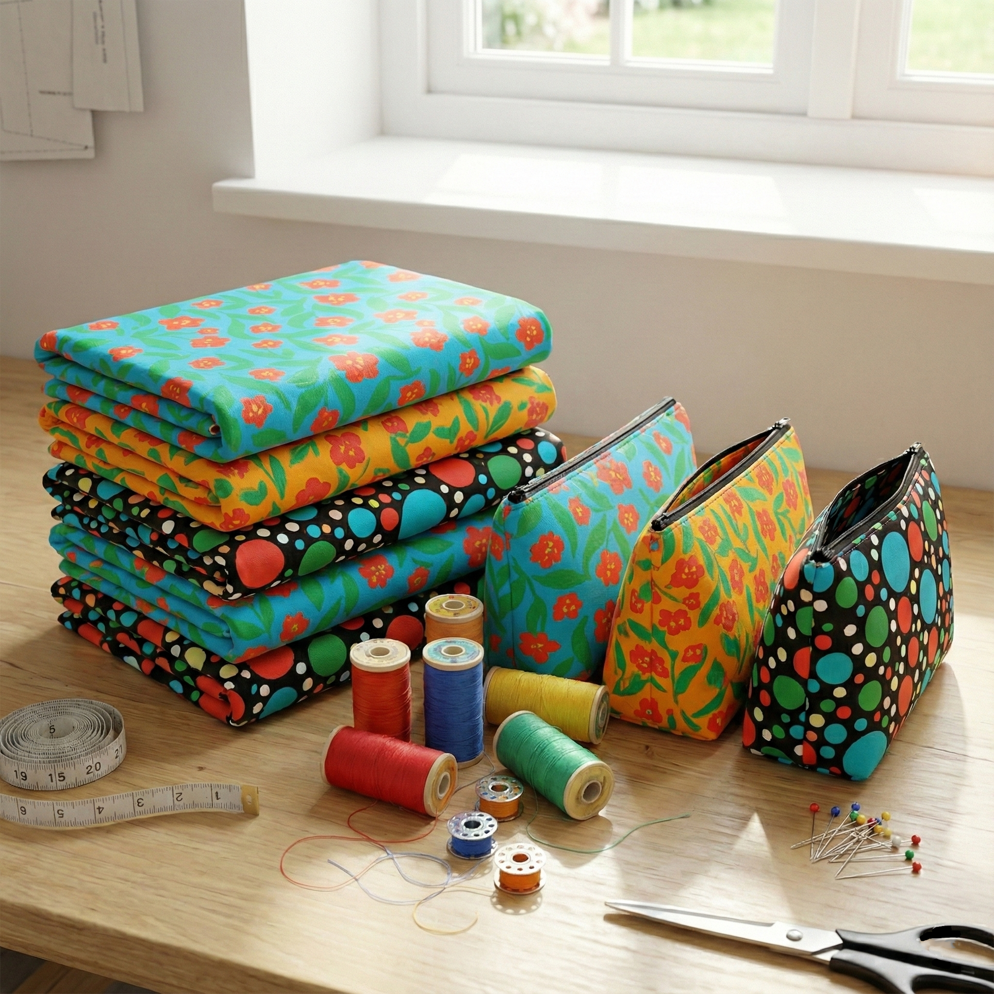 zebras in bloom fabric collection featuring stacks of colorful bold fabrics in floral, polka dot patterns. yellow floral with orange flowers. turquoise pattern with orange flowers. three sewn fabric cases created with patterns designed by hazel and H