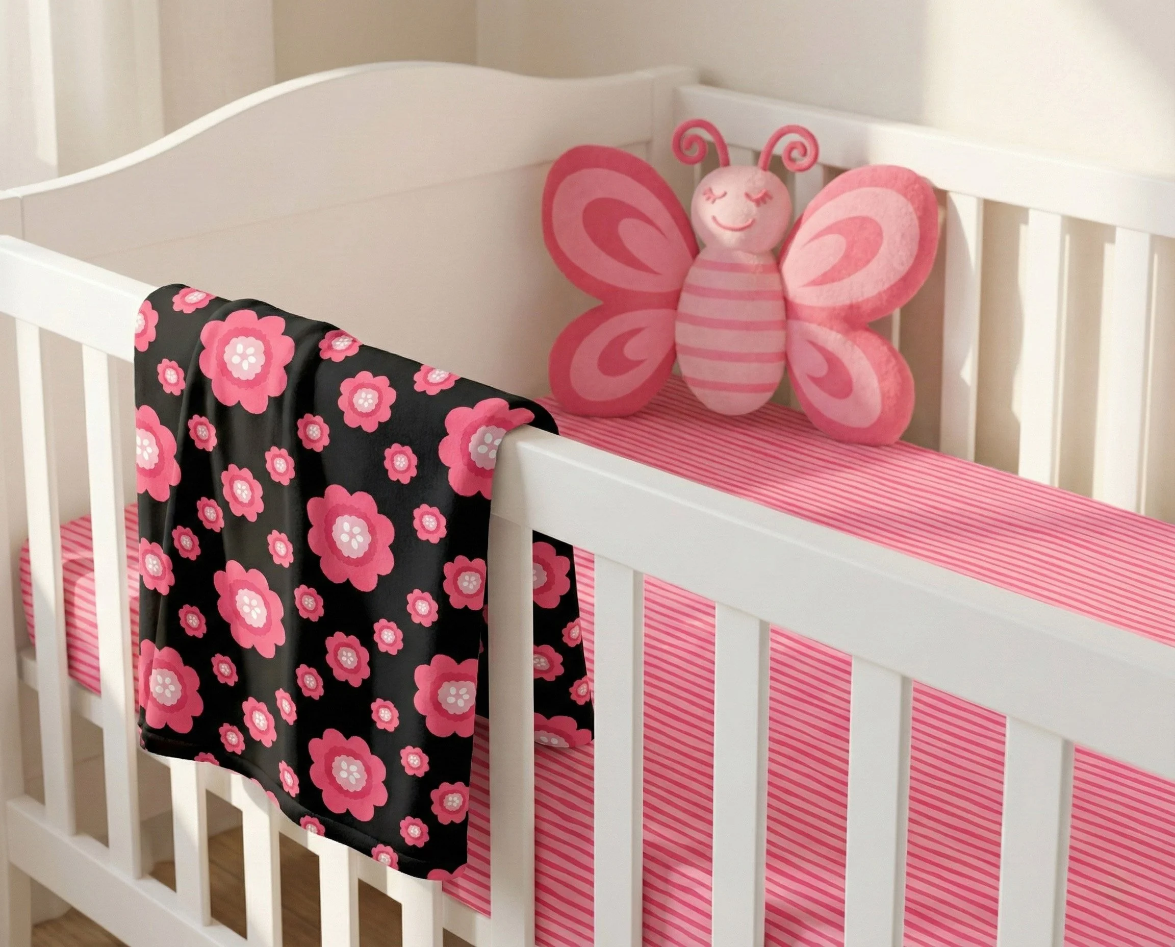 Baby crib bedding showcasing coordinating floral and stripe patterns from the Love and Ladybugs collection.