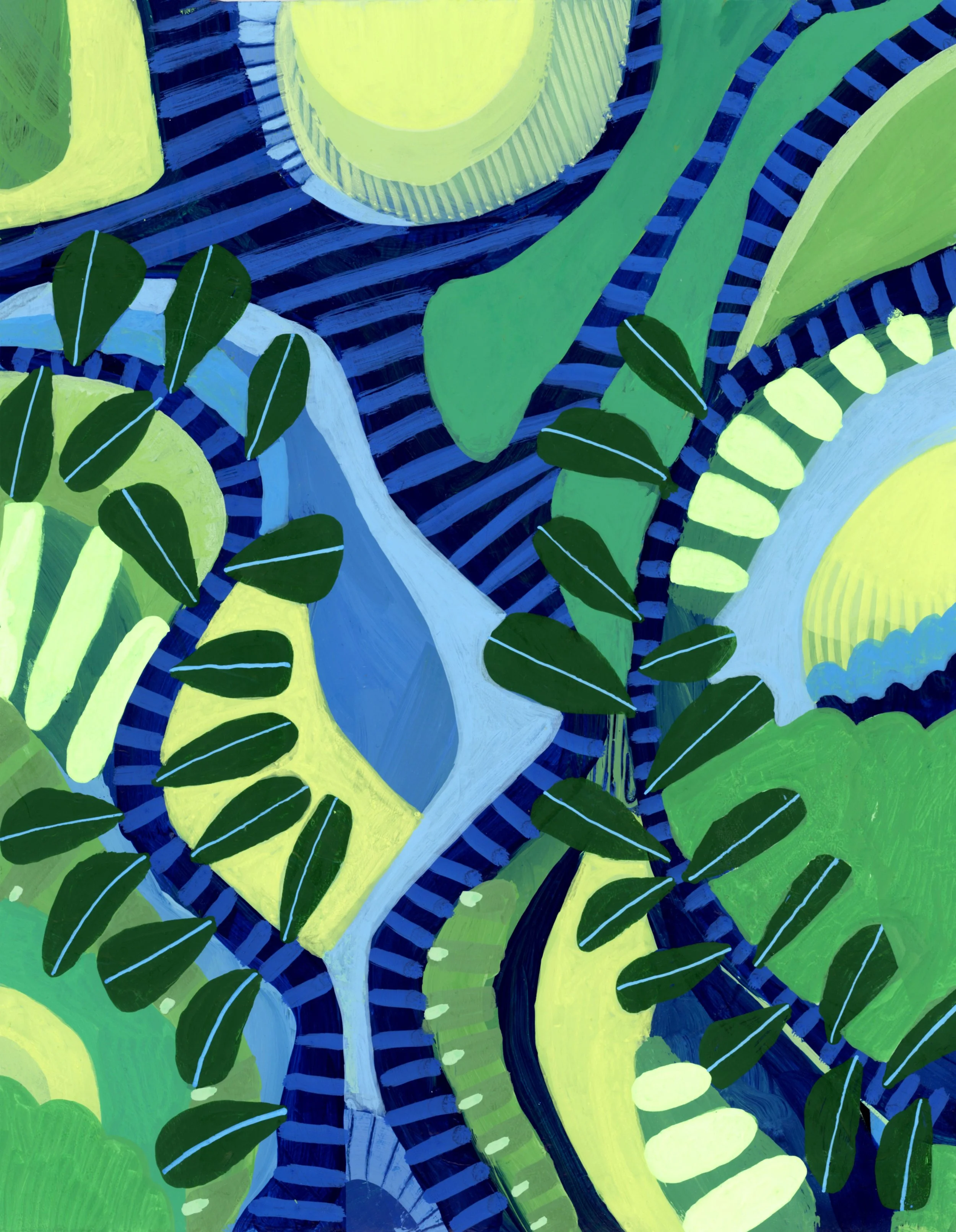 Intuitive abstract painting by Stephanie Ignazio featuring dark green leafy branches, layered botanical shapes, curved forms, and striped patterns in lime green, cobalt blue, sky blue, and navy.