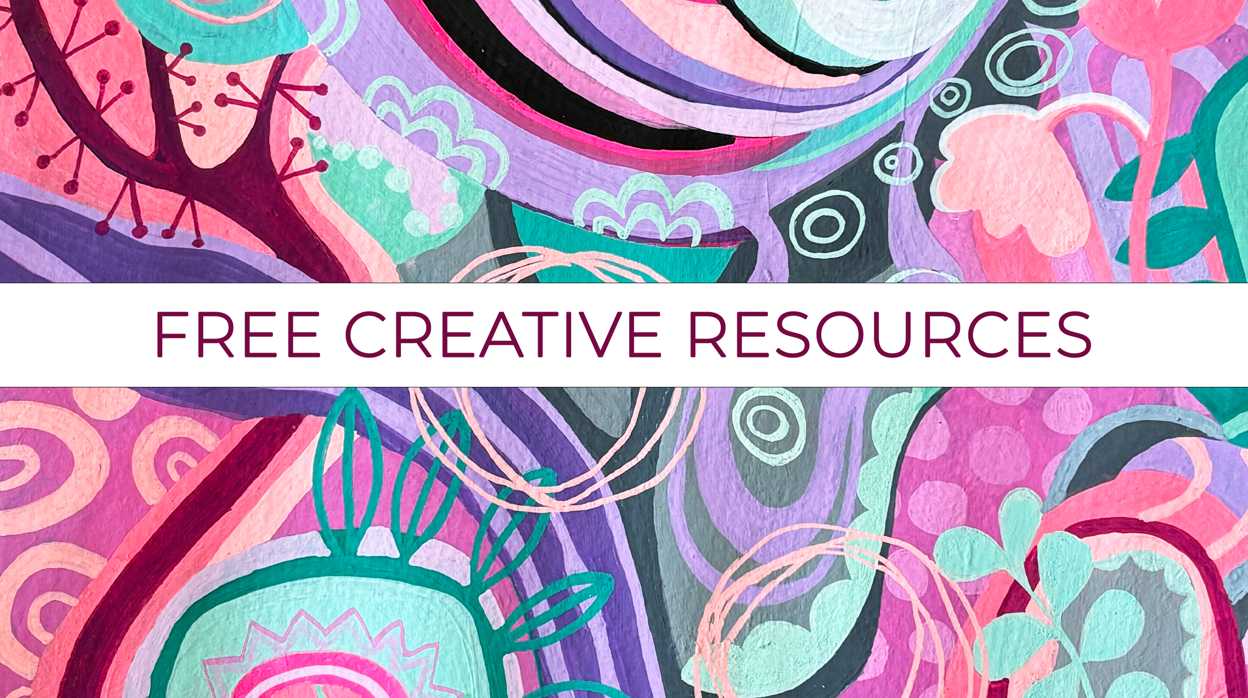 Colorful abstract artwork featuring swirls, hearts, lines, and organic shapes with the words 'Free Creative Resources' written in purple across the center.