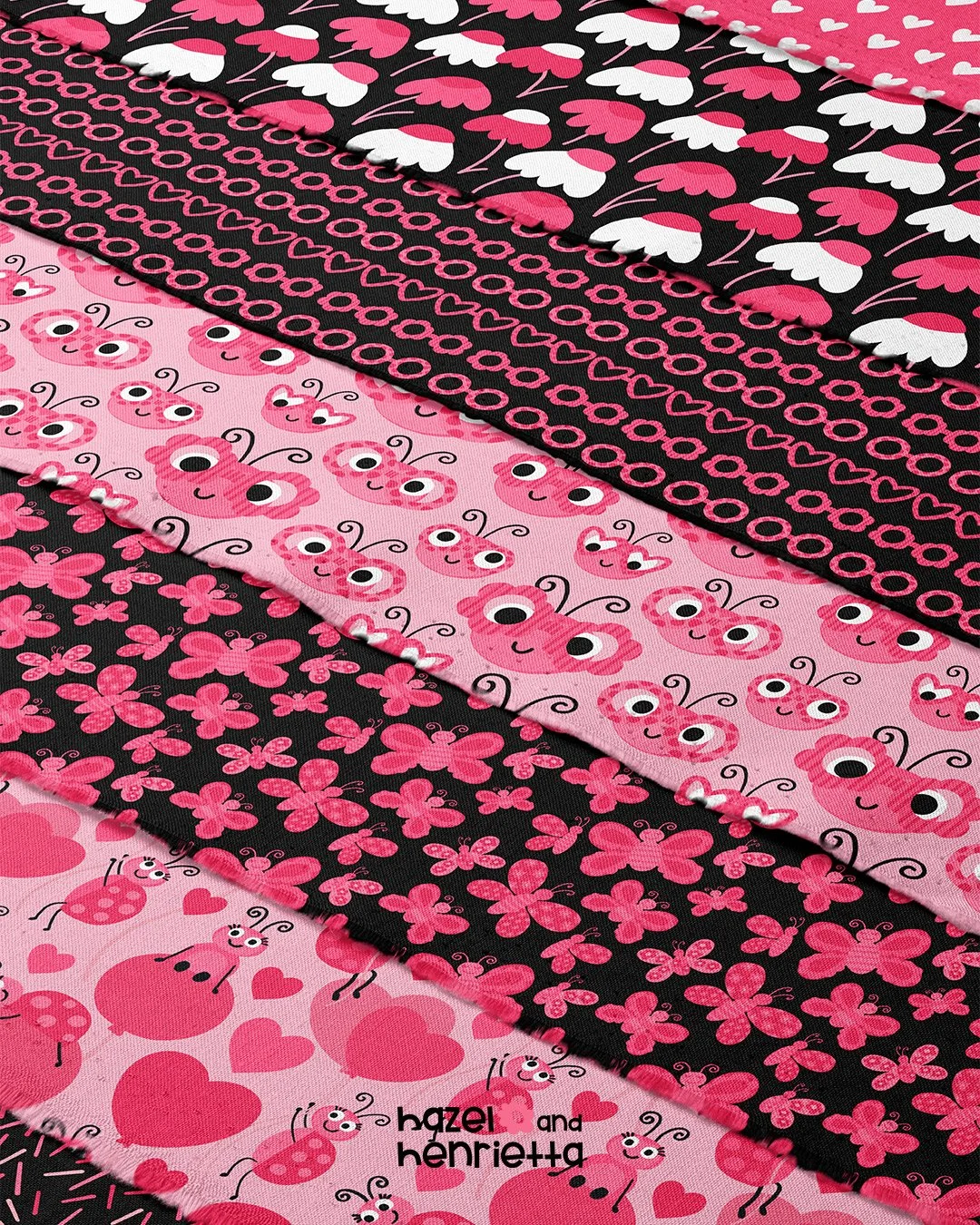 Stacked colorful fabric pieces with pink, black, and white ladybug and butterfly patterns.