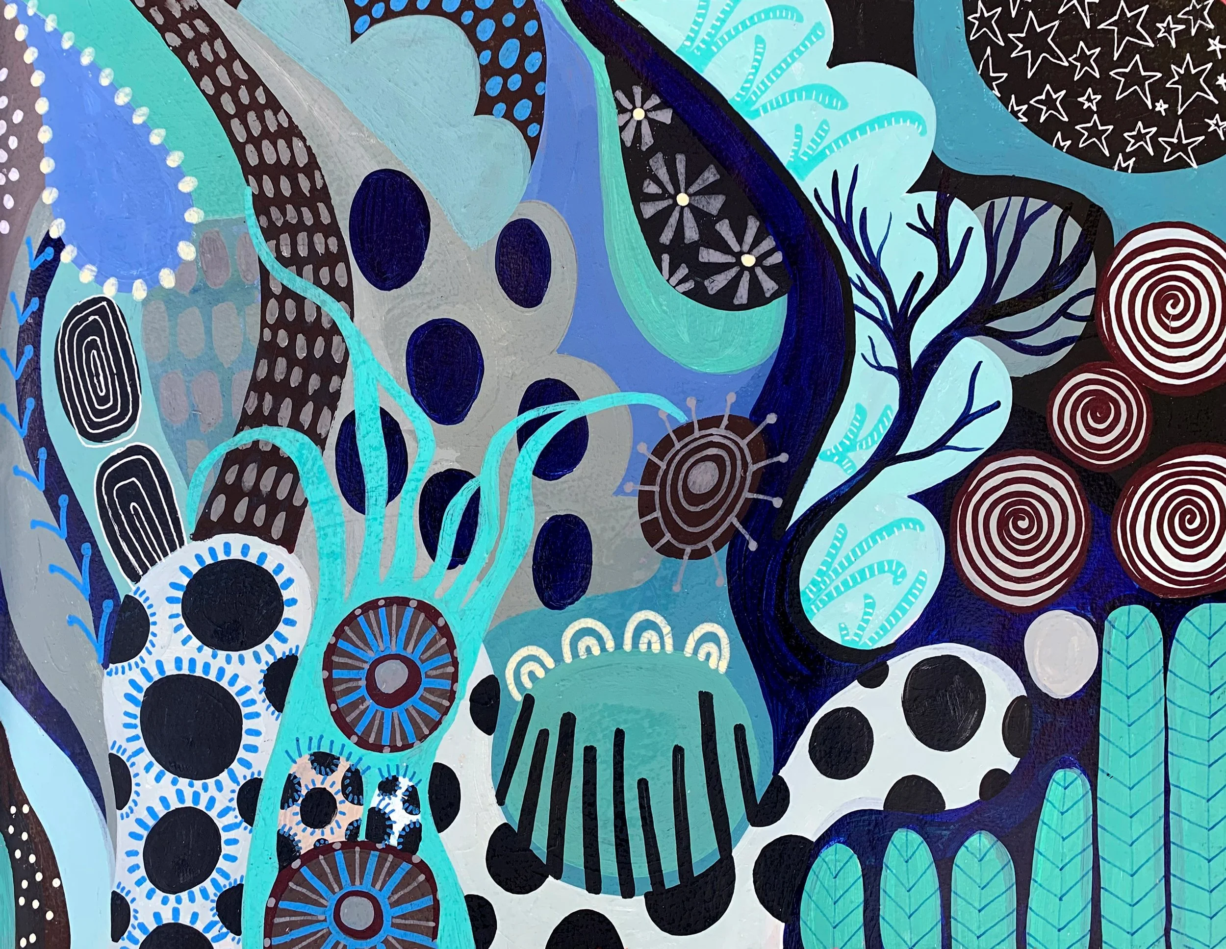 Abstract artwork with various organic shapes, dots, and swirls in shades of blue, black, gray, and white.