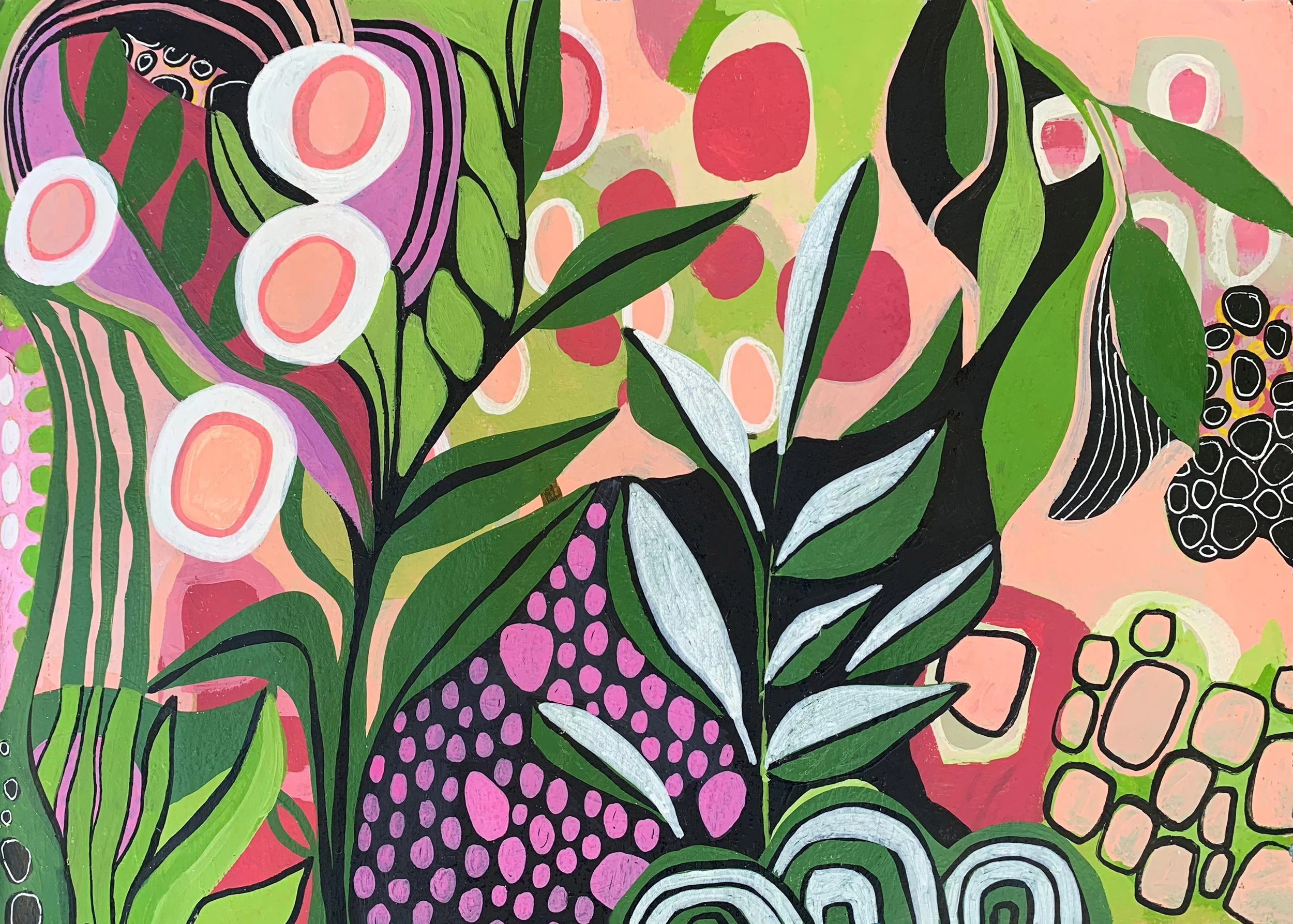 Abstract painting with vibrant pink, green, black, white, and purple colors featuring various shapes and patterns including leaves, circles, and lines.
