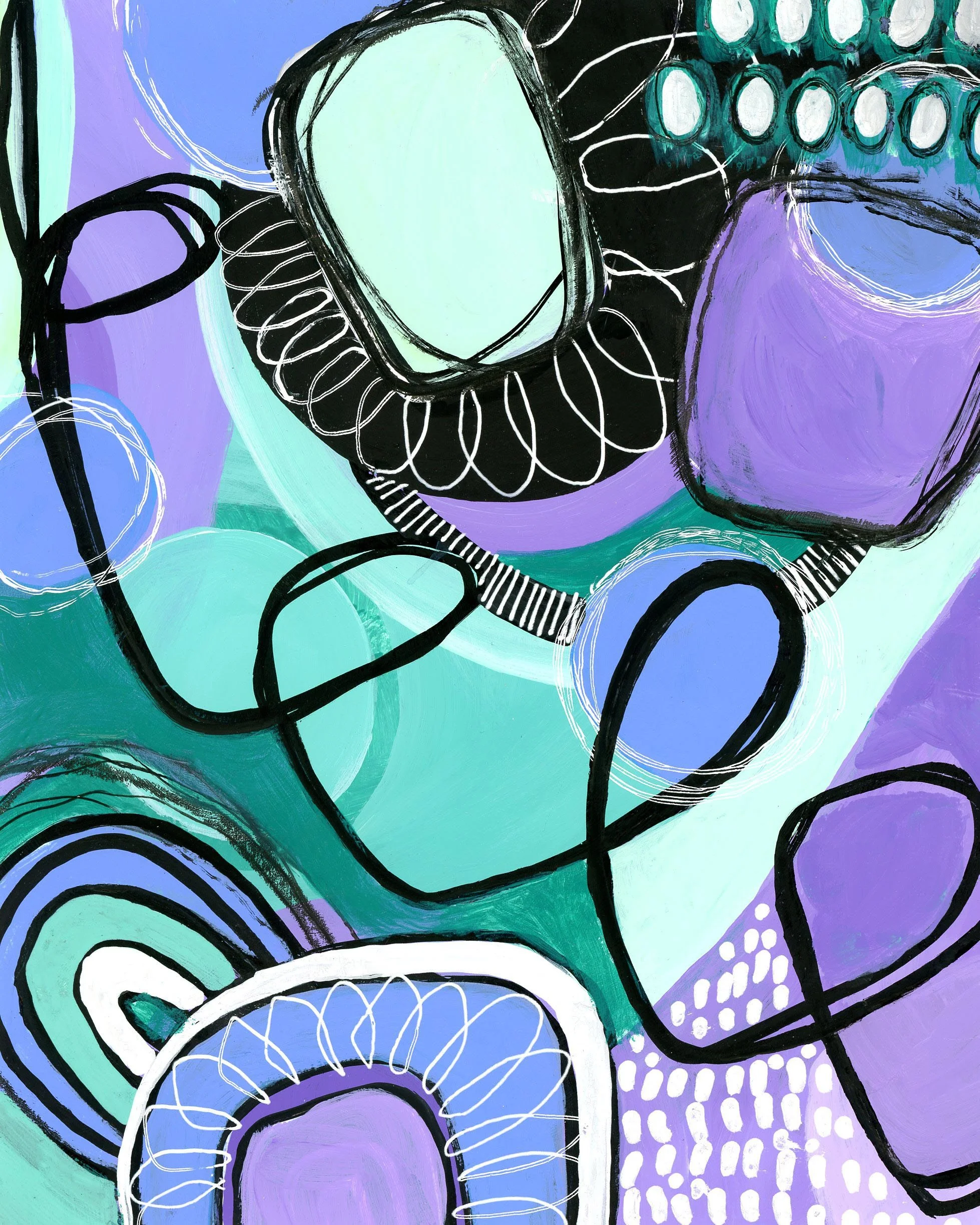 Abstract painting with colorful shapes including purple, green, blue, and black, accented with white details and bold lines.