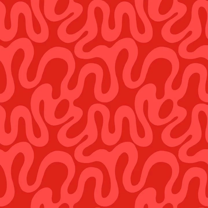 Modern abstract squiggle pattern in red tones with flowing organic lines, designed as a versatile coordinating fabric print.