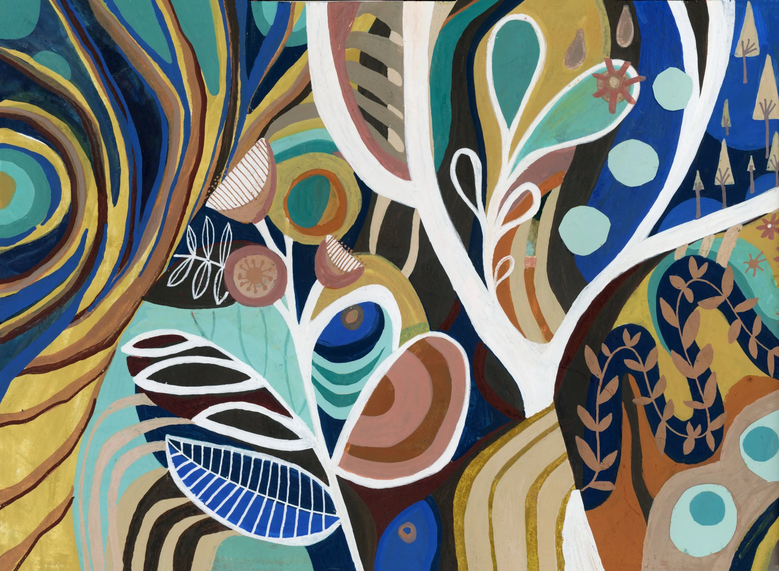 Bold intuitive abstract painting by Stephanie Ignazio featuring white branching forms, layered leaves, organic shapes, and flowing patterns in cobalt blue, turquoise, gold, rust, brown, and black.