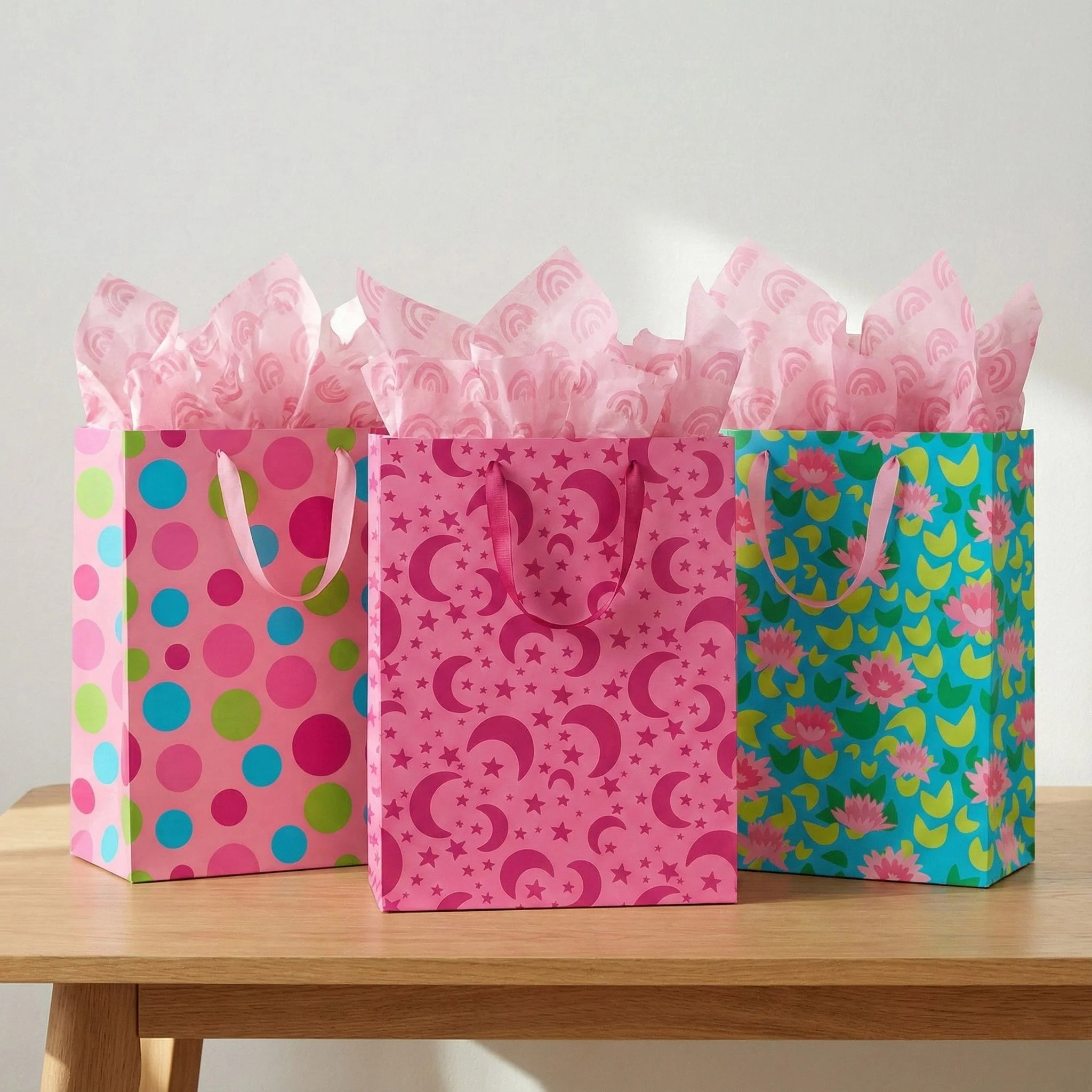 Yak-a-Doodle Yoga surface pattern designs styled on children’s aprons, showcasing lotus florals, moon and star motifs, and cheerful polka dots for creative kids kitchen accessories and licensed children’s products.Yak-a-Doodle Yoga surface pattern de