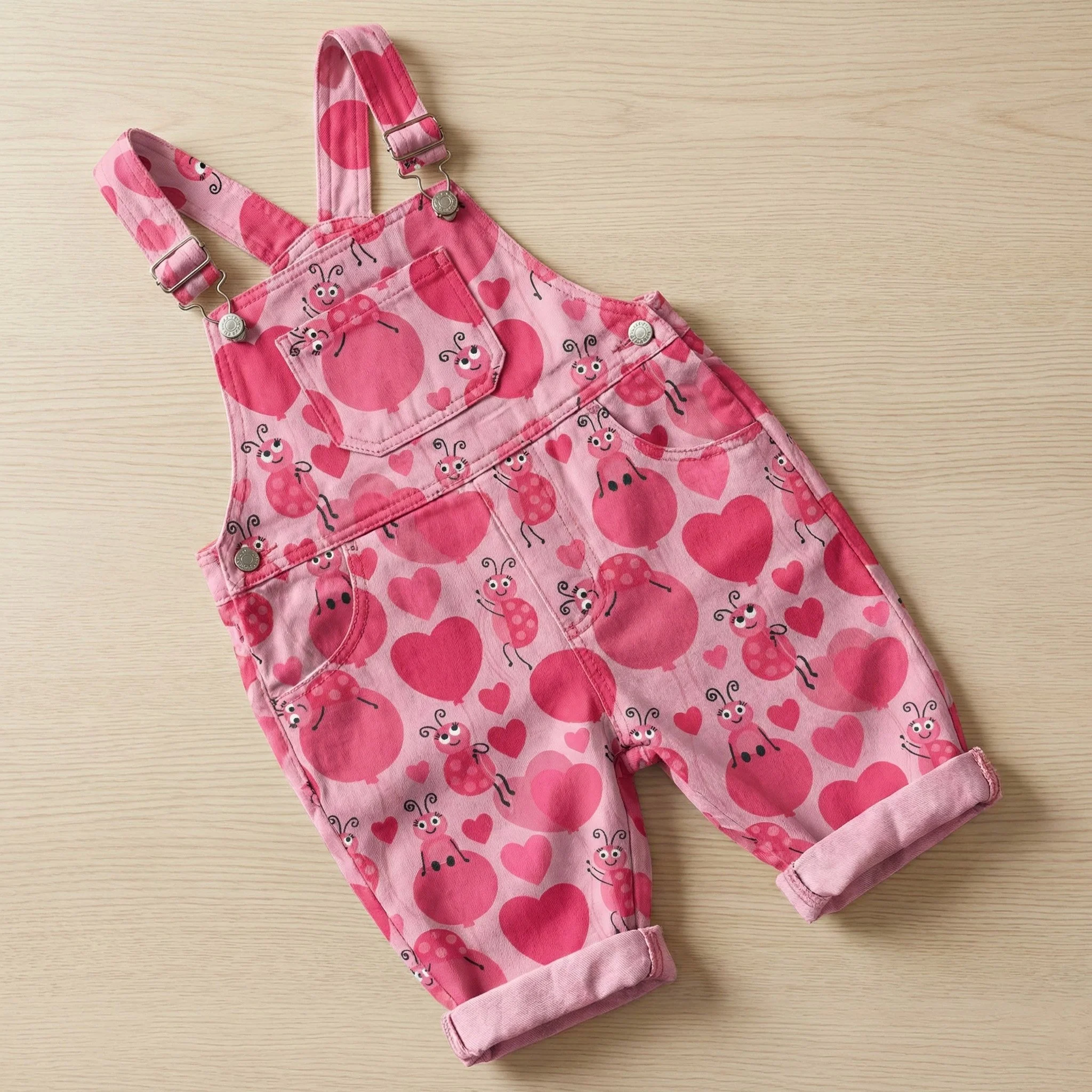 Children’s overalls showcasing a whimsical ladybug and heart fabric design from the Love and Ladybugs collection, created for kids’ apparel, baby fashion, and playful textile licensing