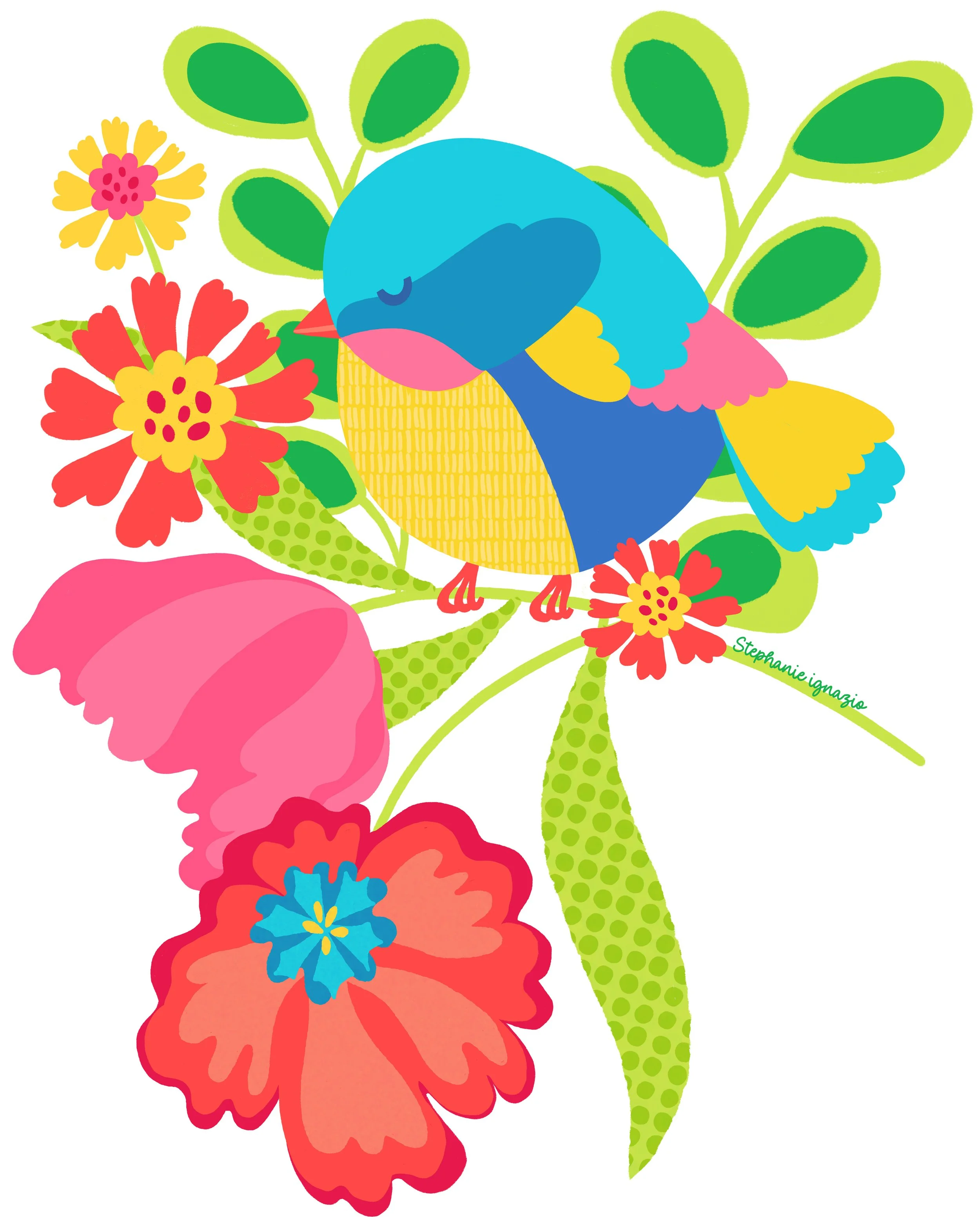 Colorful illustration of a small bird with blue, yellow, pink, and green feathers perched on a leafy branch surrounded by pink, red, and yellow flowers.