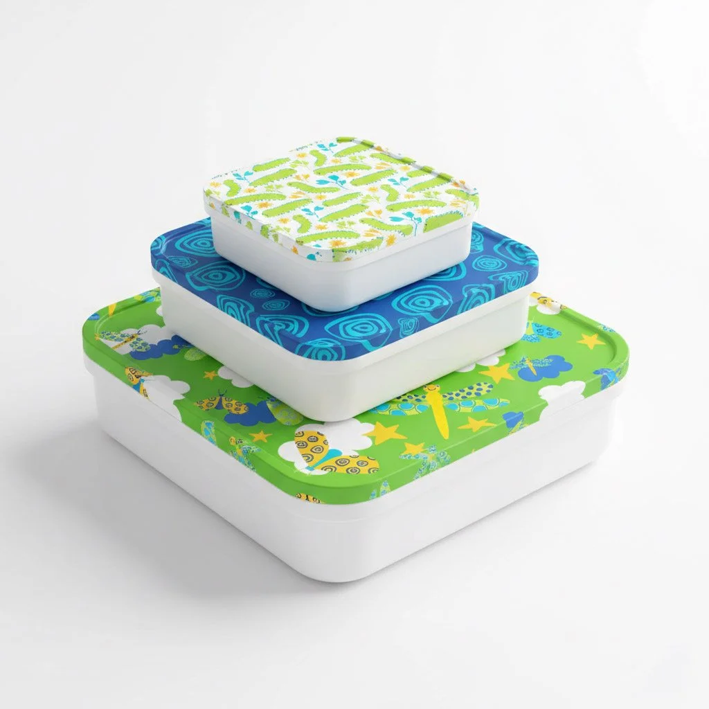 set of three snack boxes using snail pattern, windy world pattern in blue and green dragonfly pattern as covers
