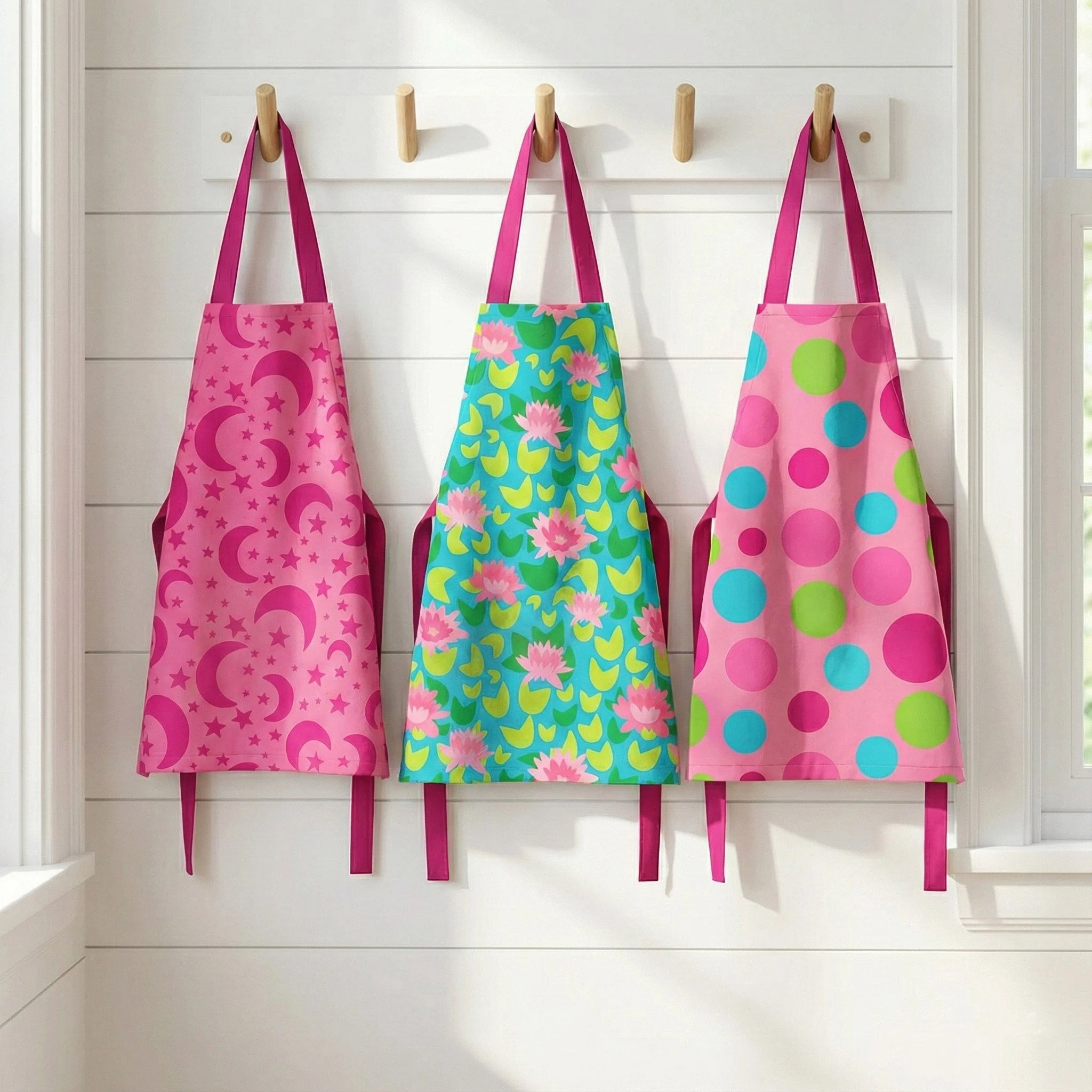 Children’s aprons featuring Yak-a-Doodle Yoga surface pattern designs with lotus flowers, crescent moons, stars, and playful polka dots in bright pink and teal. Yak-a-Doodle Yoga surface pattern designs styled on children’s aprons, showcasing lotus f
