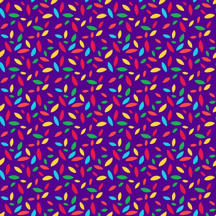 Colorful tossed leaf pattern with bright red, yellow, blue, and green shapes on a purple background, designed for children’s fabric and surface pattern licensing.