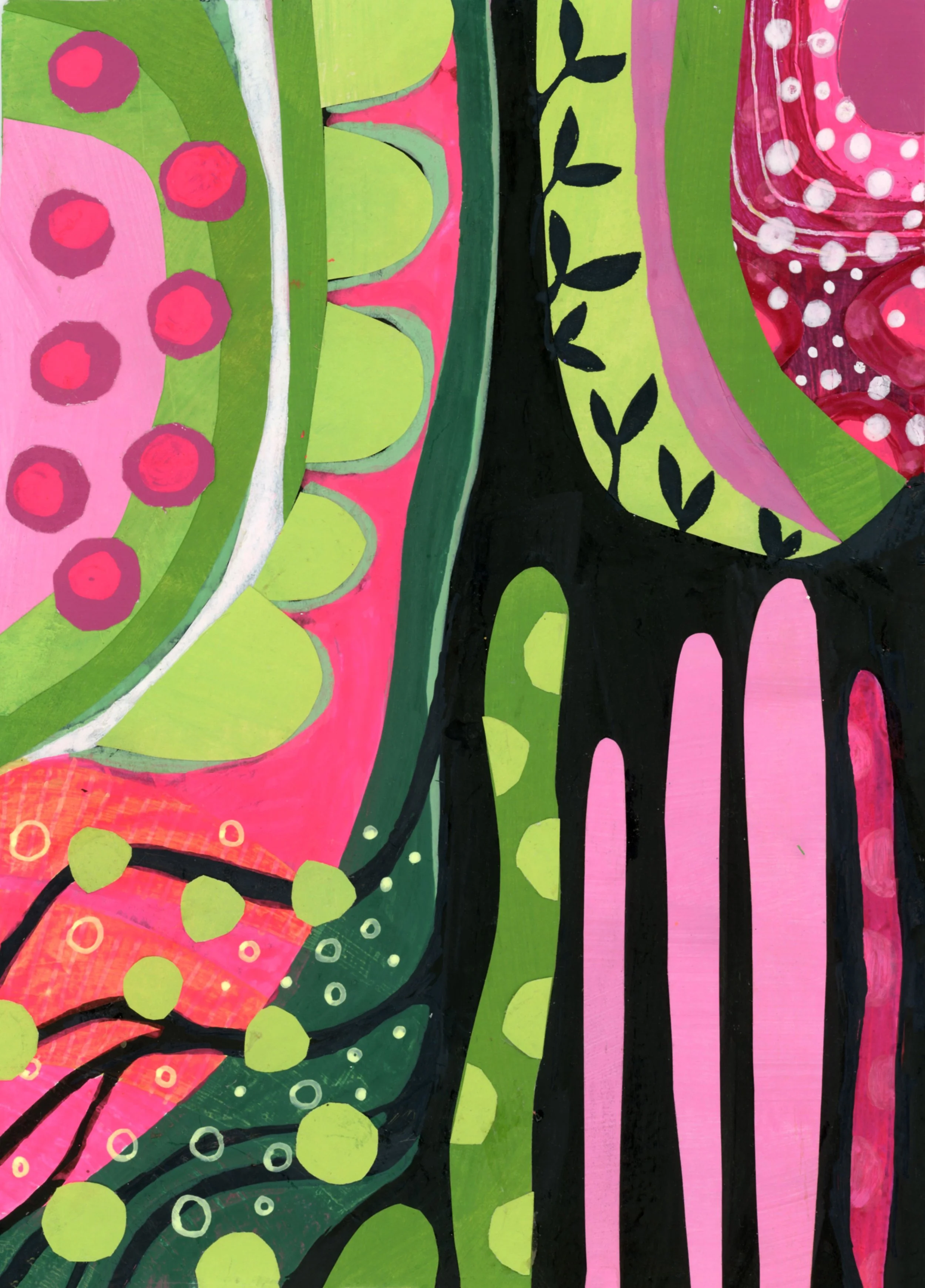 Bold intuitive abstract painting by Stephanie Ignazio featuring sweeping organic shapes, leafy vines, dots, stripes, and layered patterns in hot pink, lime green, deep green, white, and black.