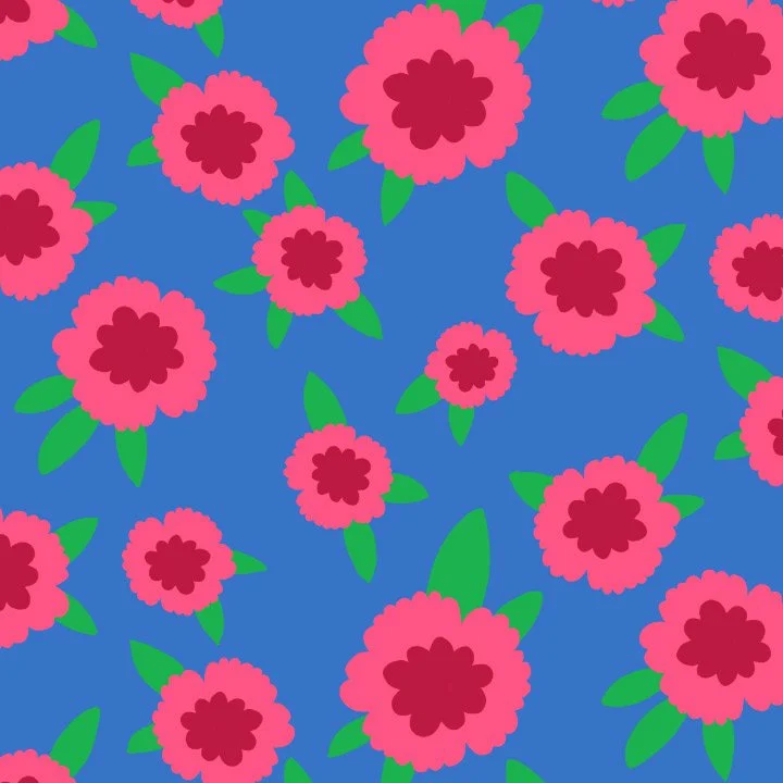 Pattern of pink flowers with green leaves on a blue background.