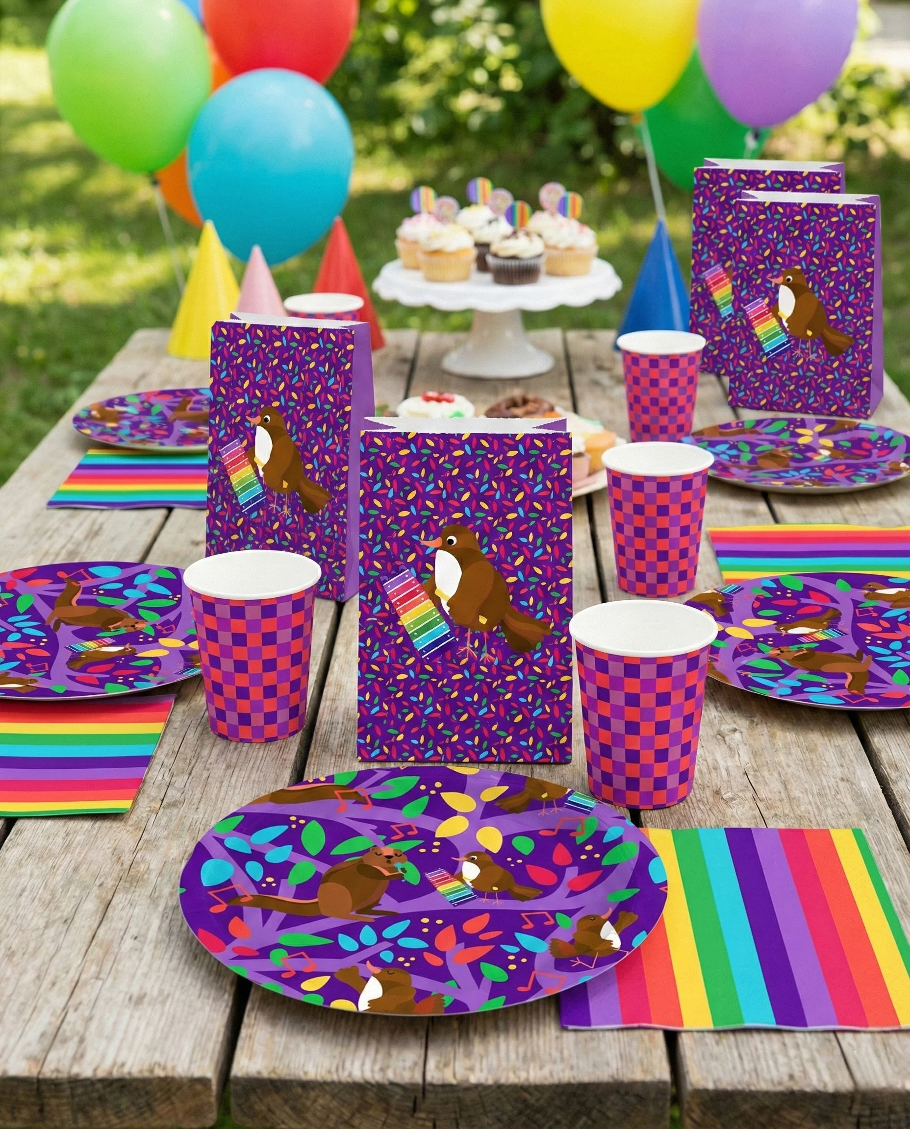 Playful party and celebration designs featuring musical woodland animals, colorful leaves, bold checkered patterns, and bright rainbow stripes. These joyful surface patterns are ideal for party supplies, tableware, gift bags, stationery, packaging, a
