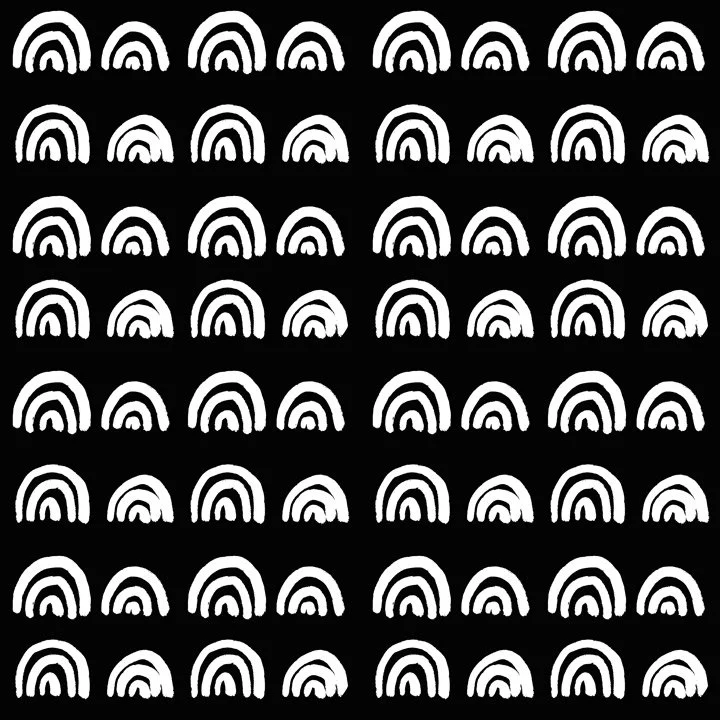 Bright rainbow arch pattern with repeating curved shapes in black and white, inspired by movement and balance, designed as a modern coordinating fabric.