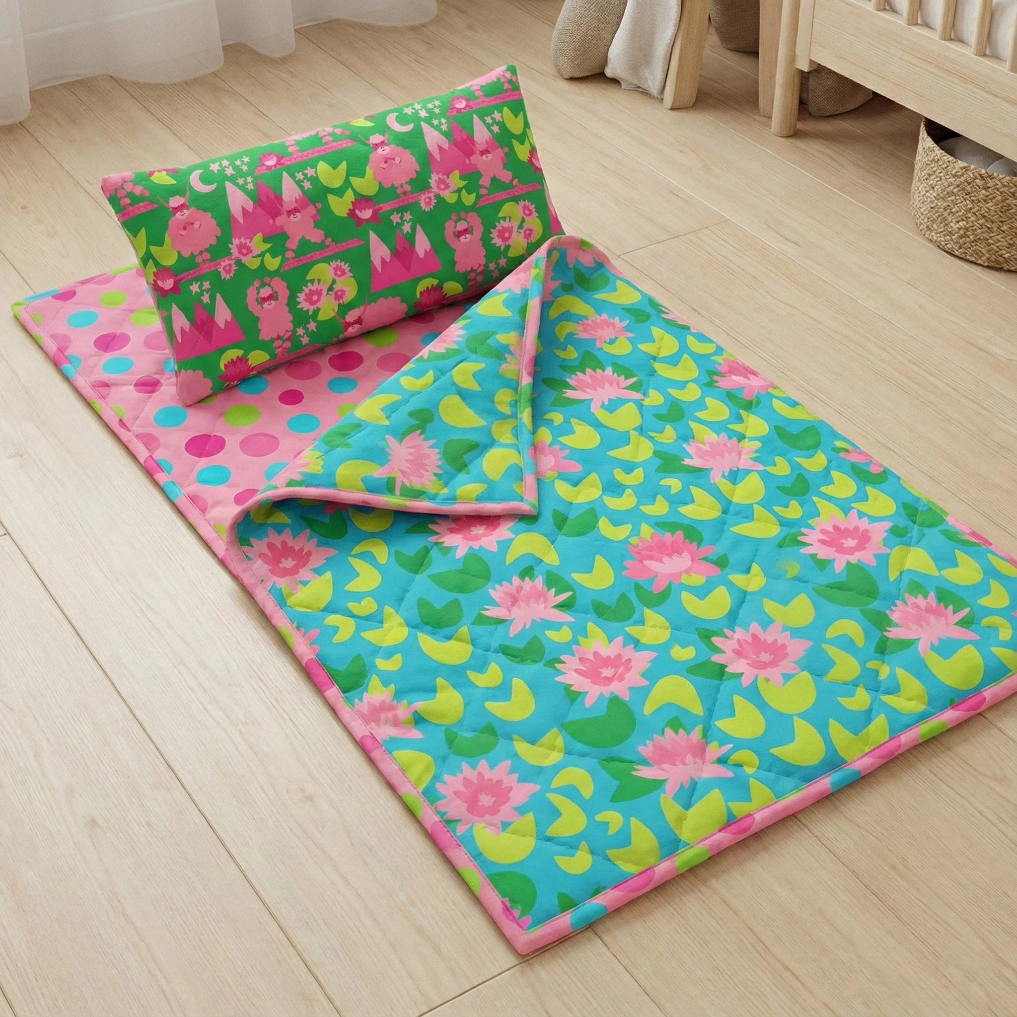 Children’s sleep mat featuring Yak-a-Doodle Yoga surface pattern designs with playful yaks, lotus flowers, lily pads, moons, and stars in bright turquoise, green, and pink.Yak-a-Doodle Yoga surface pattern designs shown on a quilted children’s sleep 