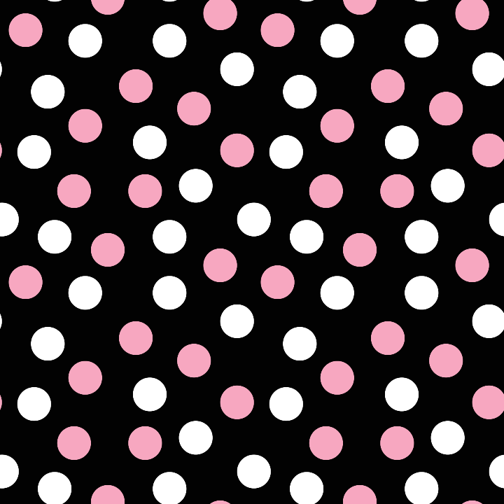 Black background with pink and white polka dots.