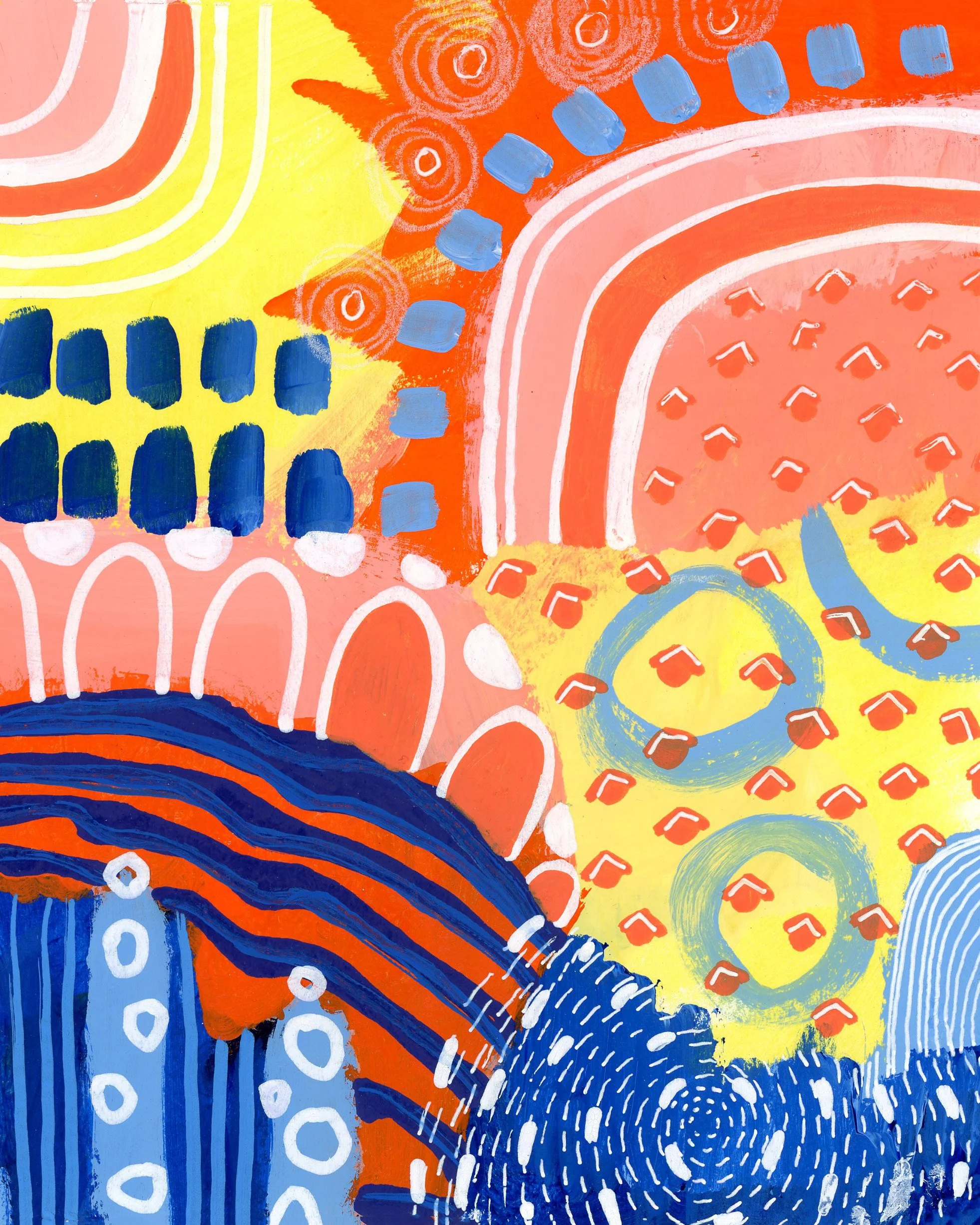 Abstract colorful painting with various patterns and shapes, including circles, rectangles, and wavy lines in shades of yellow, orange, pink, blue, and white.