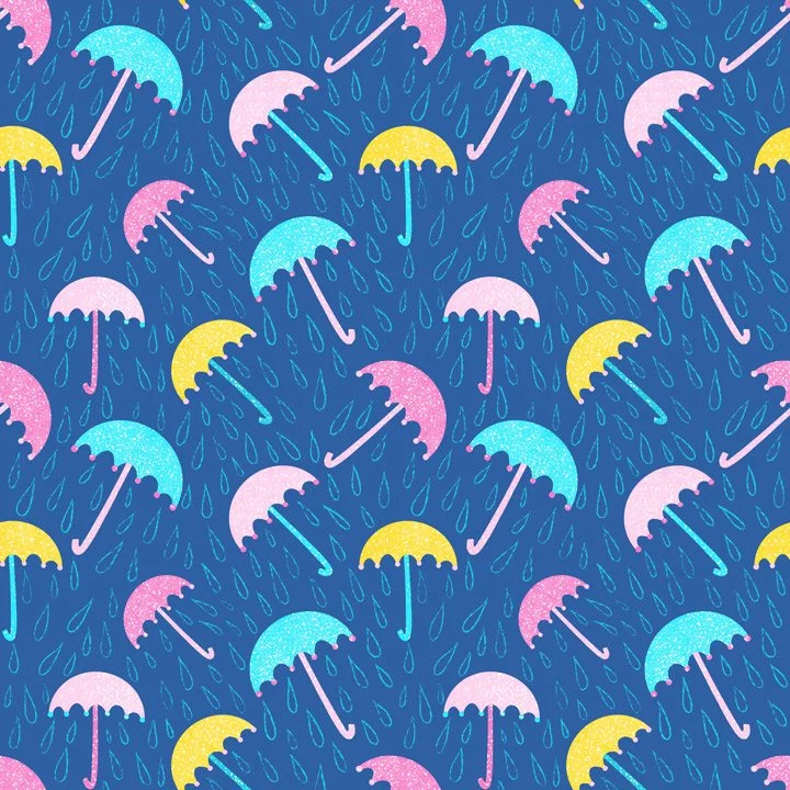 Whimsical umbrella pattern with colorful umbrellas and falling raindrops on a deep blue background with hand drawn raindrops