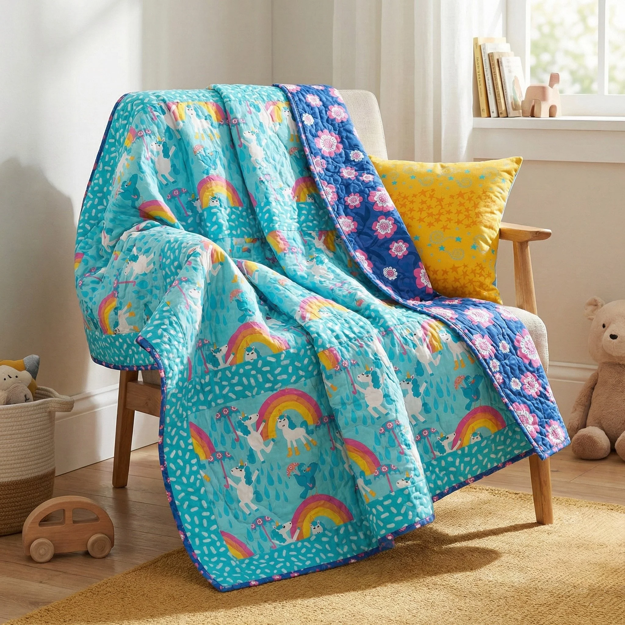 Children’s quilt featuring unicorn, rainbow, and floral patterns styled in a cozy bedroom chair
