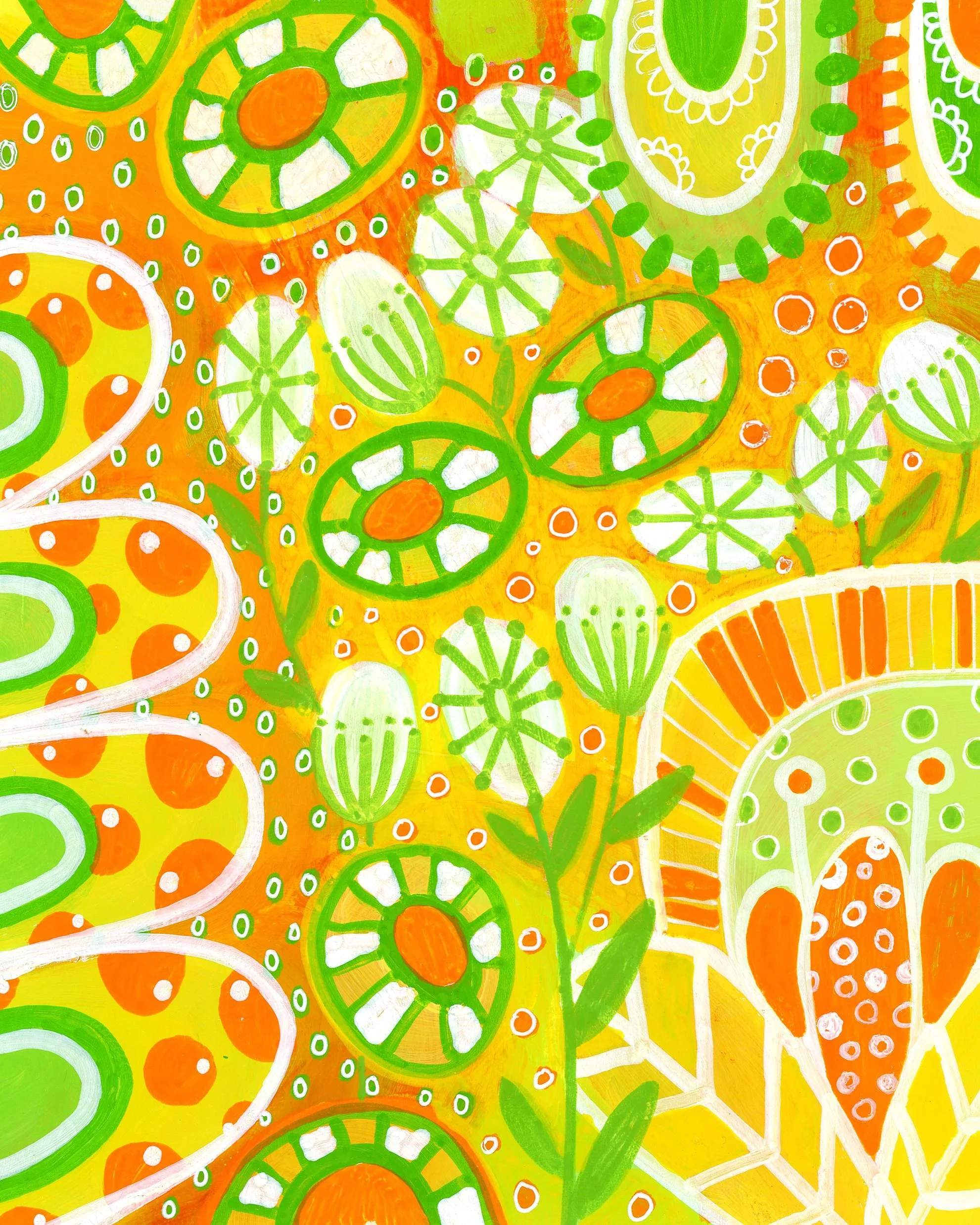 Colorful abstract floral pattern with orange, yellow, green, and white shapes and designs.