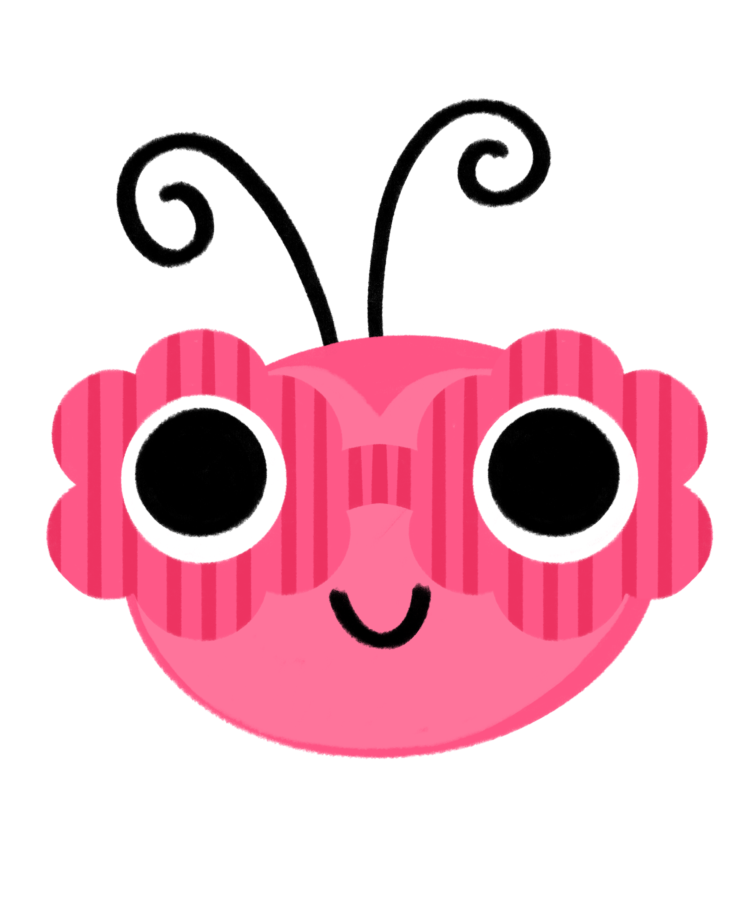 Cute pink cartoon ladybug face wearing flower sunglasses with large black eyes, pink cheeks, a small smiling mouth. Very fun and cute face.