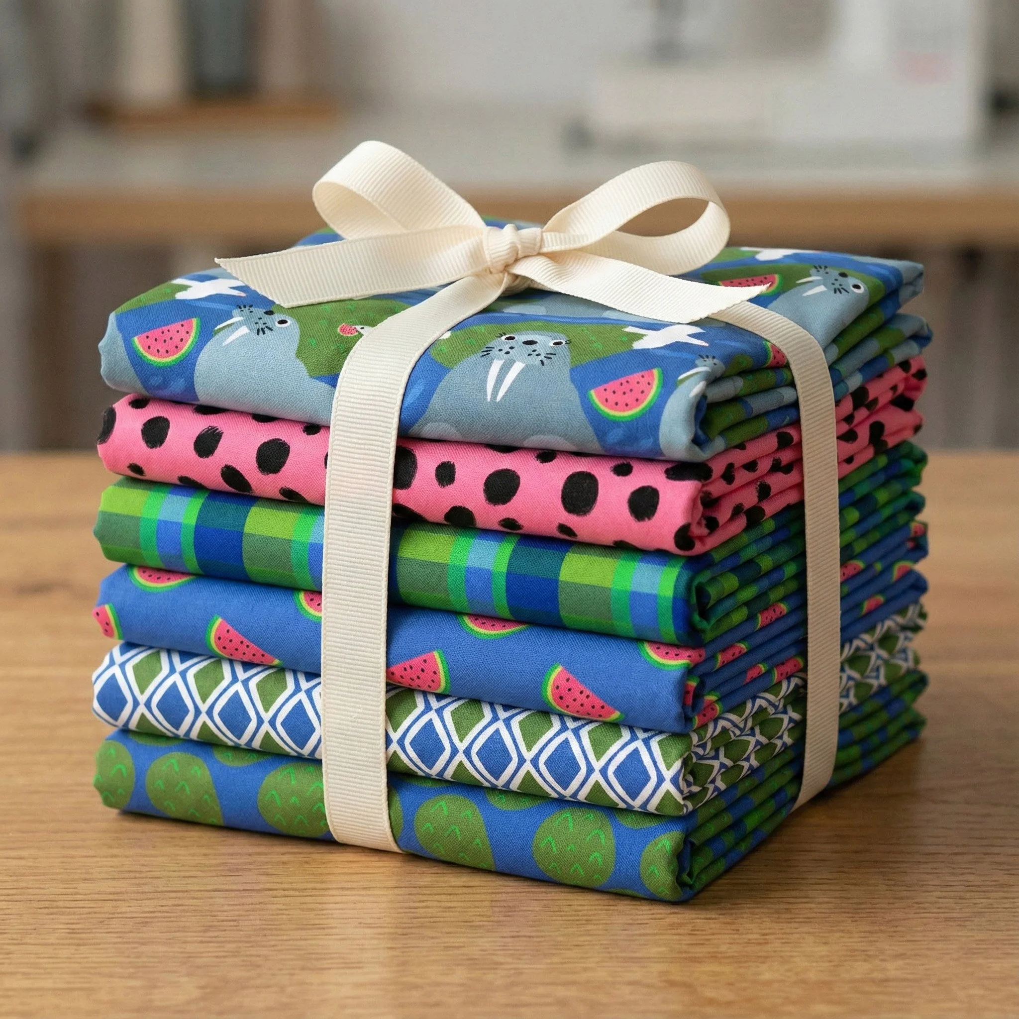 Stack of folded fabric featuring the Watermelon Whiskers surface pattern collection, including playful walrus illustrations, watermelon slice prints, polka dots, plaid, geometric patterns, and organic textures in blue, green, and pink.Watermelon Whis