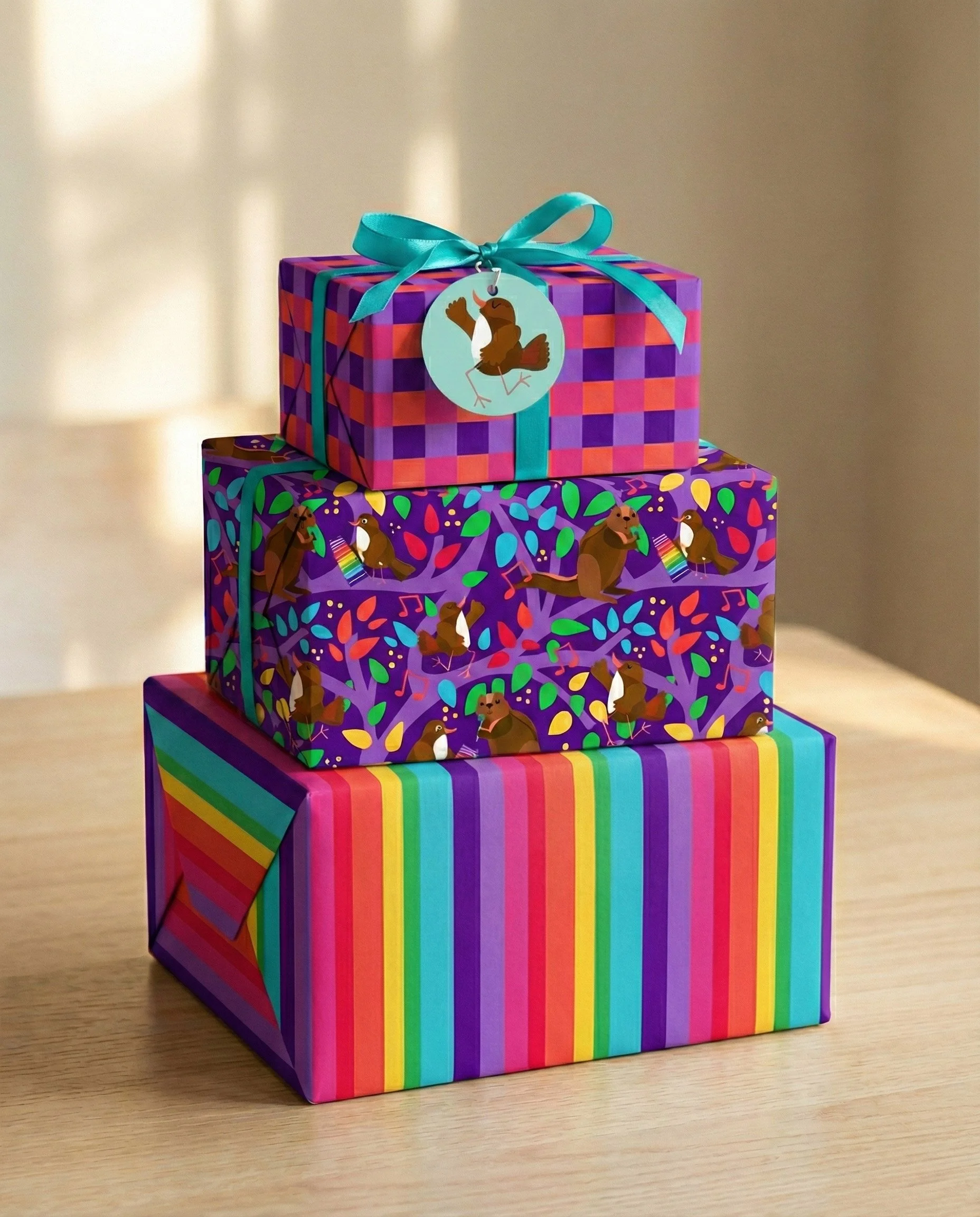 Colorful gift wrap designs featuring playful musical woodland animals, rainbow stripes, and bold checkered patterns. These joyful surface designs are ideal for gift wrap, packaging, stationery, party goods, and art licensing across children’s, lifest