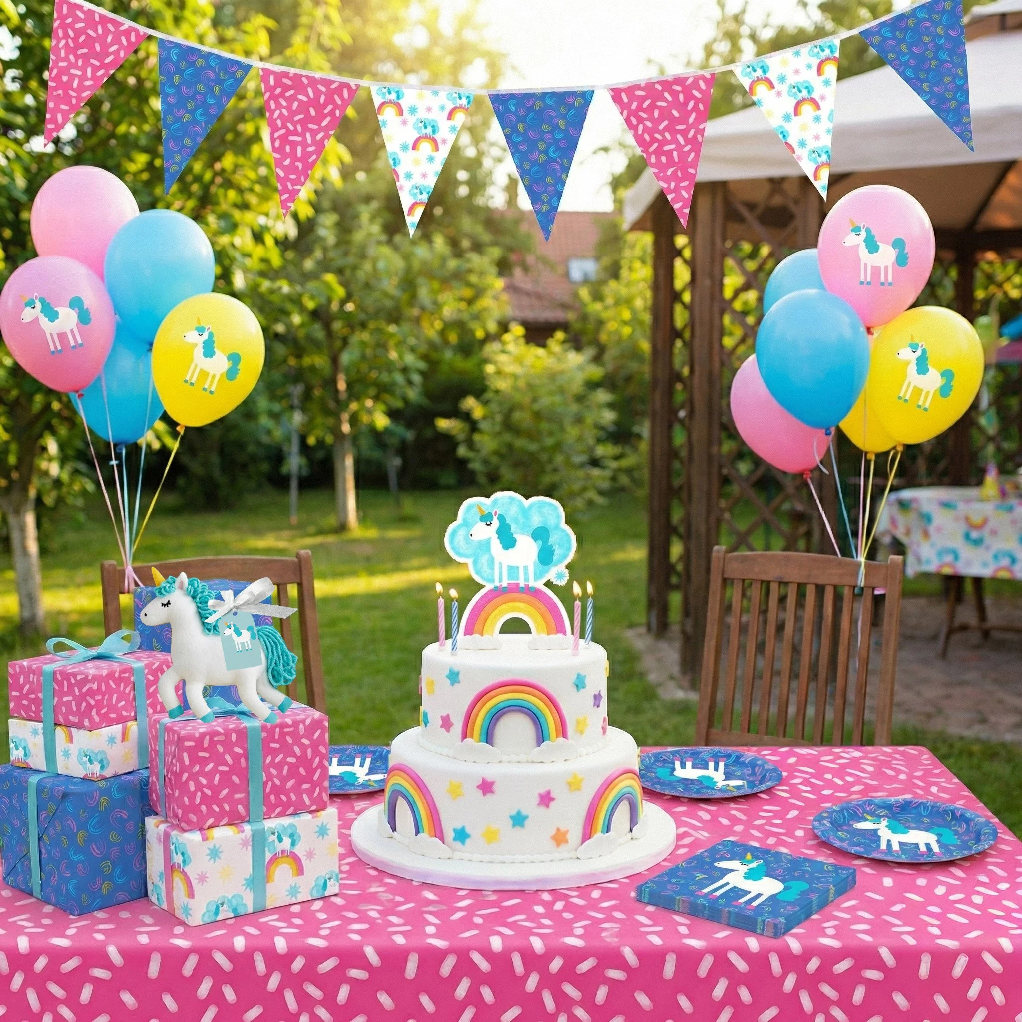 Unicorn-themed birthday party table with rainbow cake, balloons, and party decorations featuring unicorn patterns