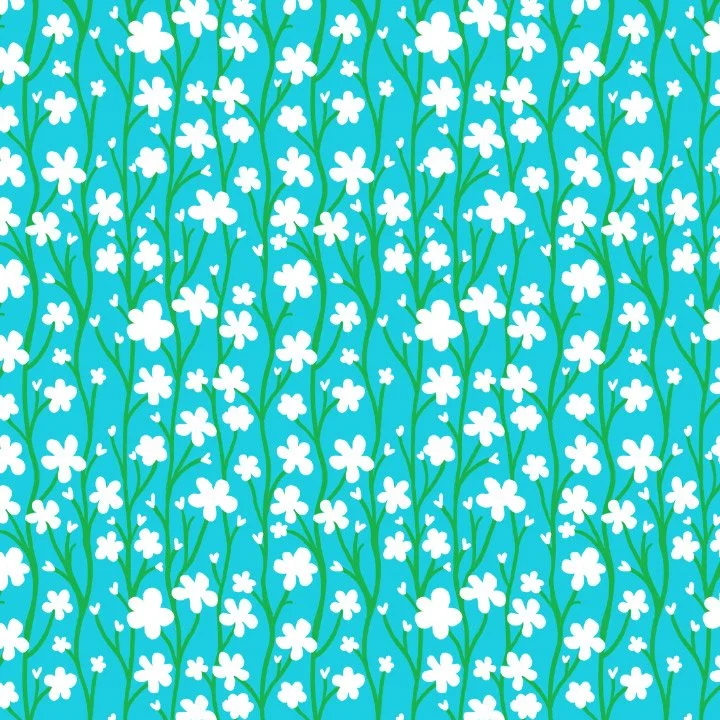 Pattern of white flowers with green stems on a blue background.