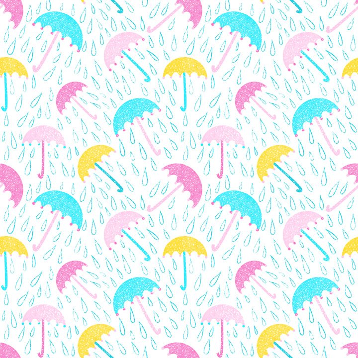 Whimsical umbrella pattern with pastel umbrellas and falling raindrops on a white background with hand drawn raindrops