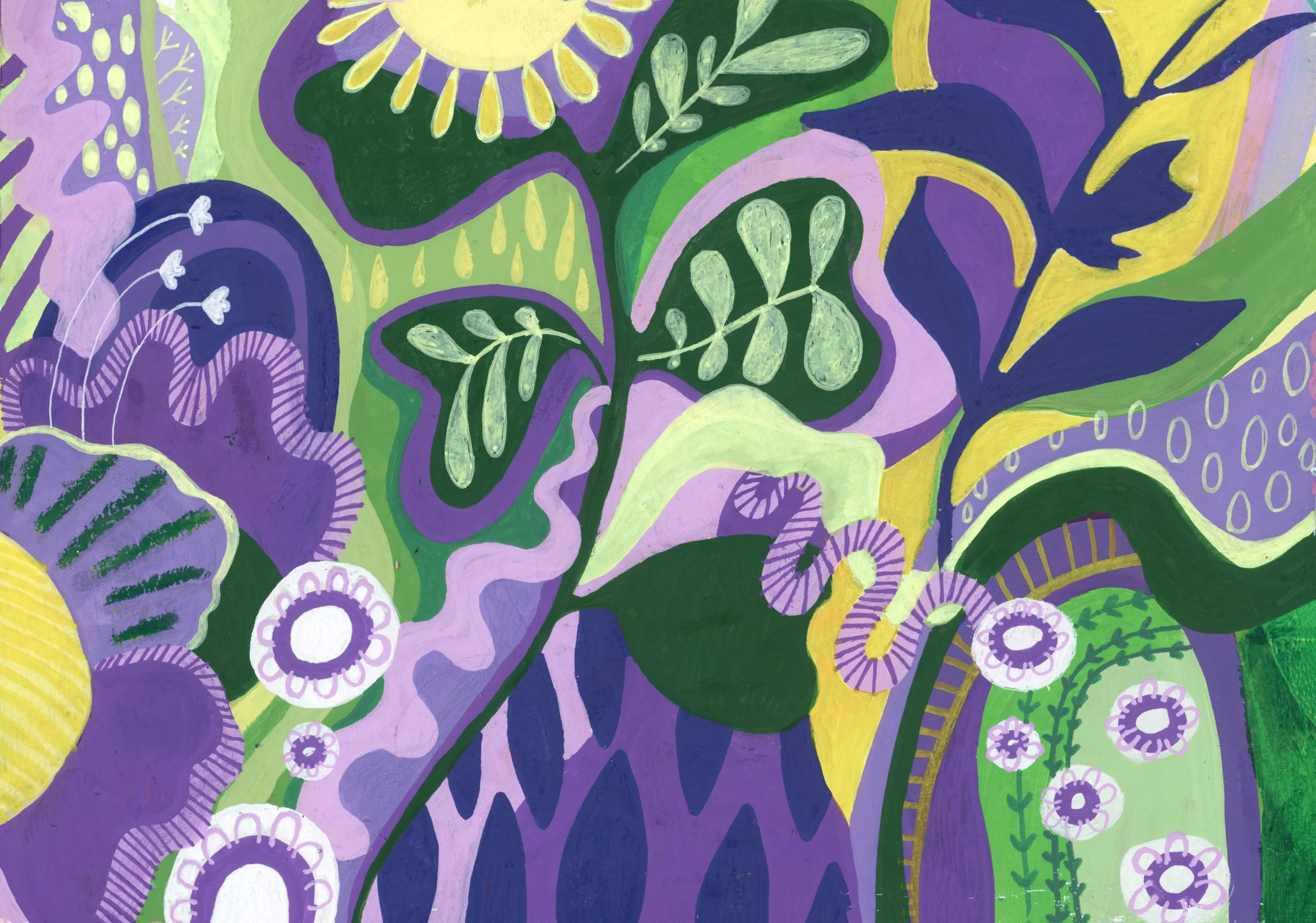 Colorful intuitive abstract painting by Stephanie Ignazio featuring whimsical flowers, leafy sprigs, and flowing organic shapes in purple, lavender, green, and sunny yellow.