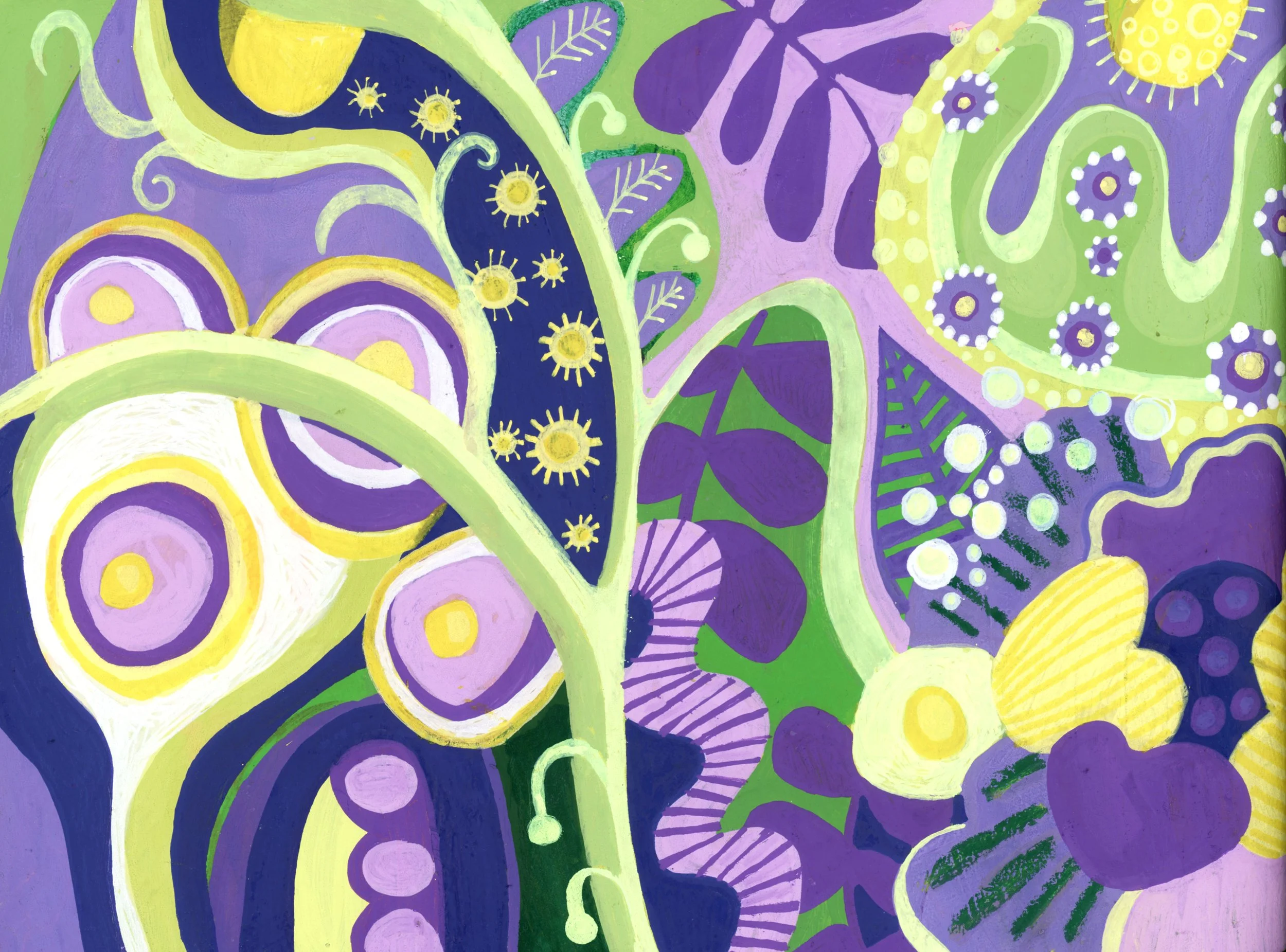 Bright intuitive abstract painting by Stephanie Ignazio featuring playful flowers, curling vines, leafy shapes, circles, and layered patterns in purple, lavender, lime green, yellow, and white.