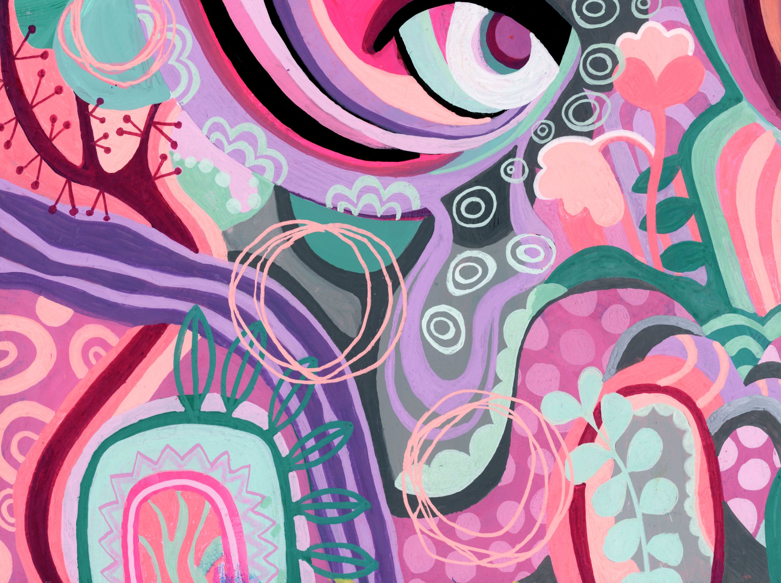 Playful intuitive abstract painting by Stephanie Ignazio with flowers, leafy shapes, sweeping lines, circles, and layered patterns in pink, purple, coral, mint, teal, and black.
