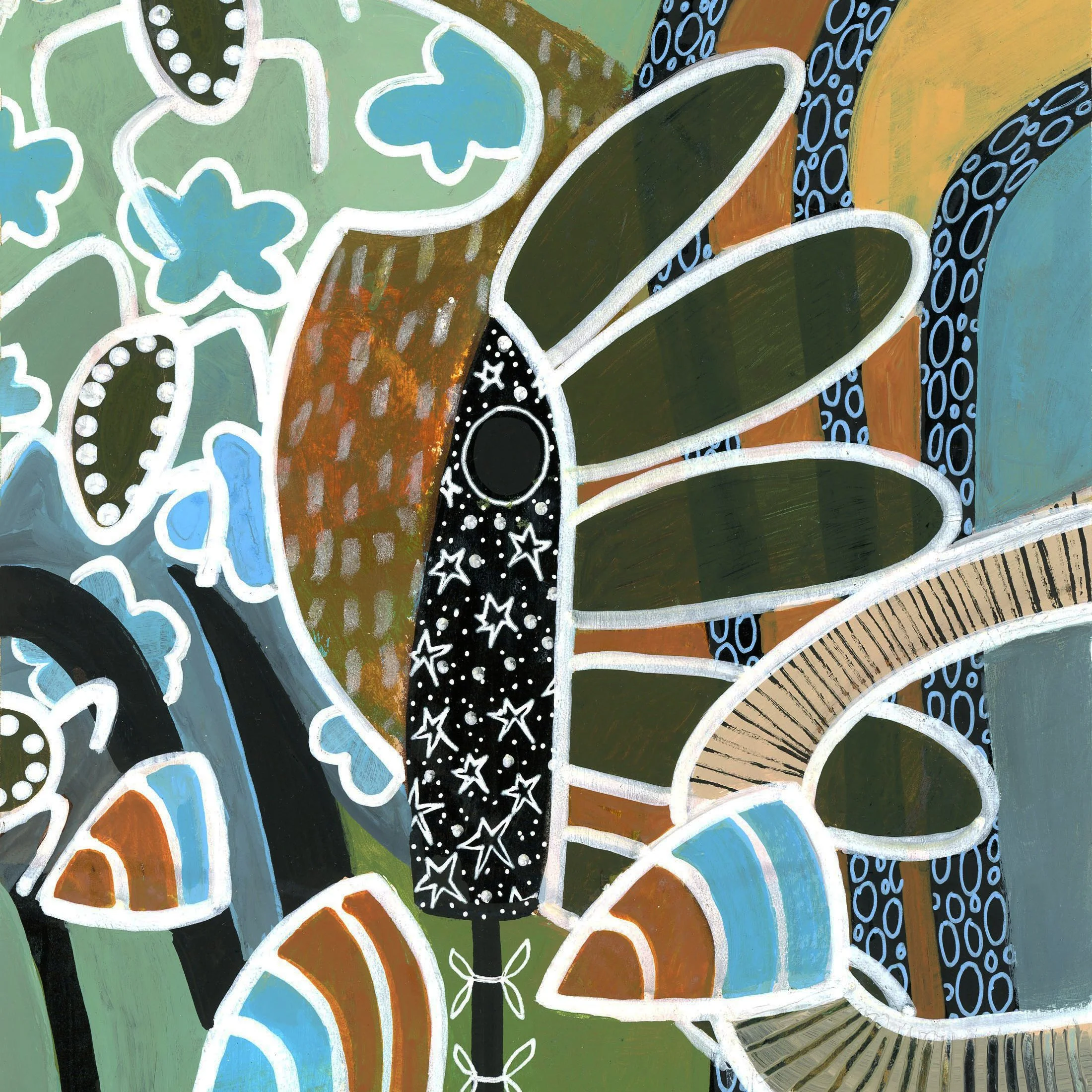 Abstract painting with various shapes and colors, including green, blue, black, orange, and beige, with patterns such as stars and circles.