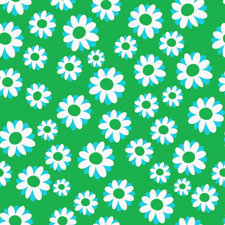 Pattern of white daisies with green centers on a green background.