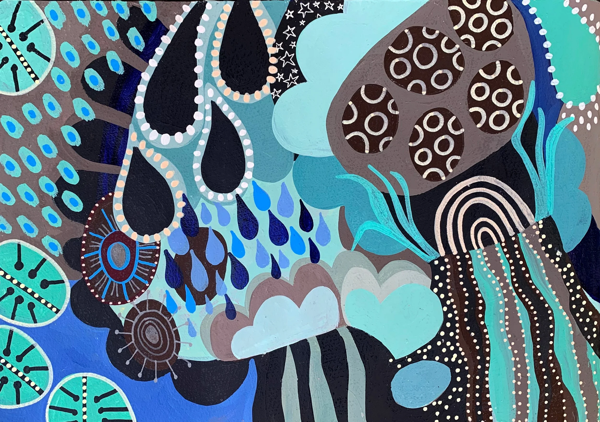 Abstract artwork featuring organic shapes, patterns, and a palette of blues, blacks, browns, and whites, including circular, teardrop, and line designs.