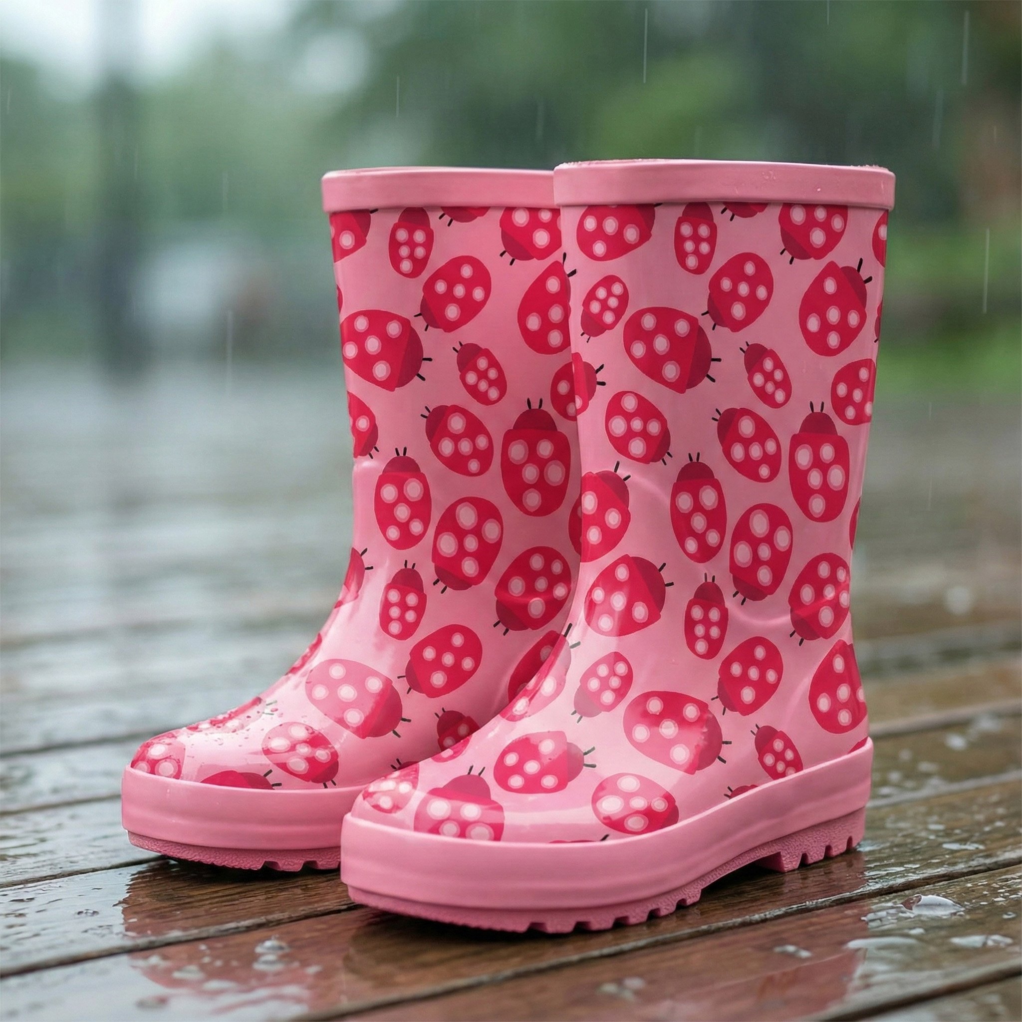 pair of little girls rainboots in pattern of fun lpink and red adybugs drawn by artist hazel and henrietta for art licensing